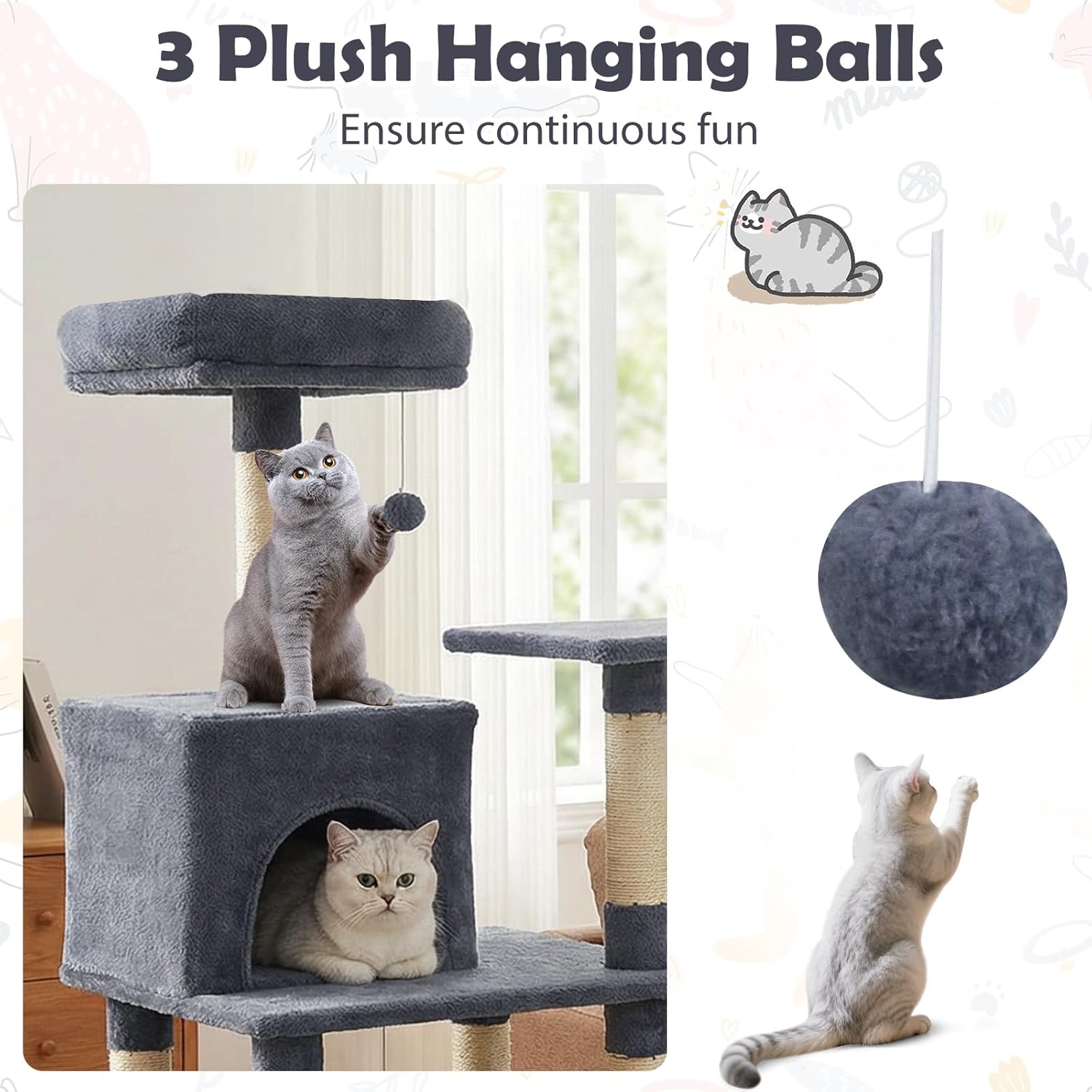 Tangkula 58 Inch Cat Tree Tower, Multi-Level Cat Tower with Sisal Scratching Posts, Padded Top Perch, Condo & Hammock, 3 Hanging Balls, Jumping Platforms for Indoor Cats (Gray)