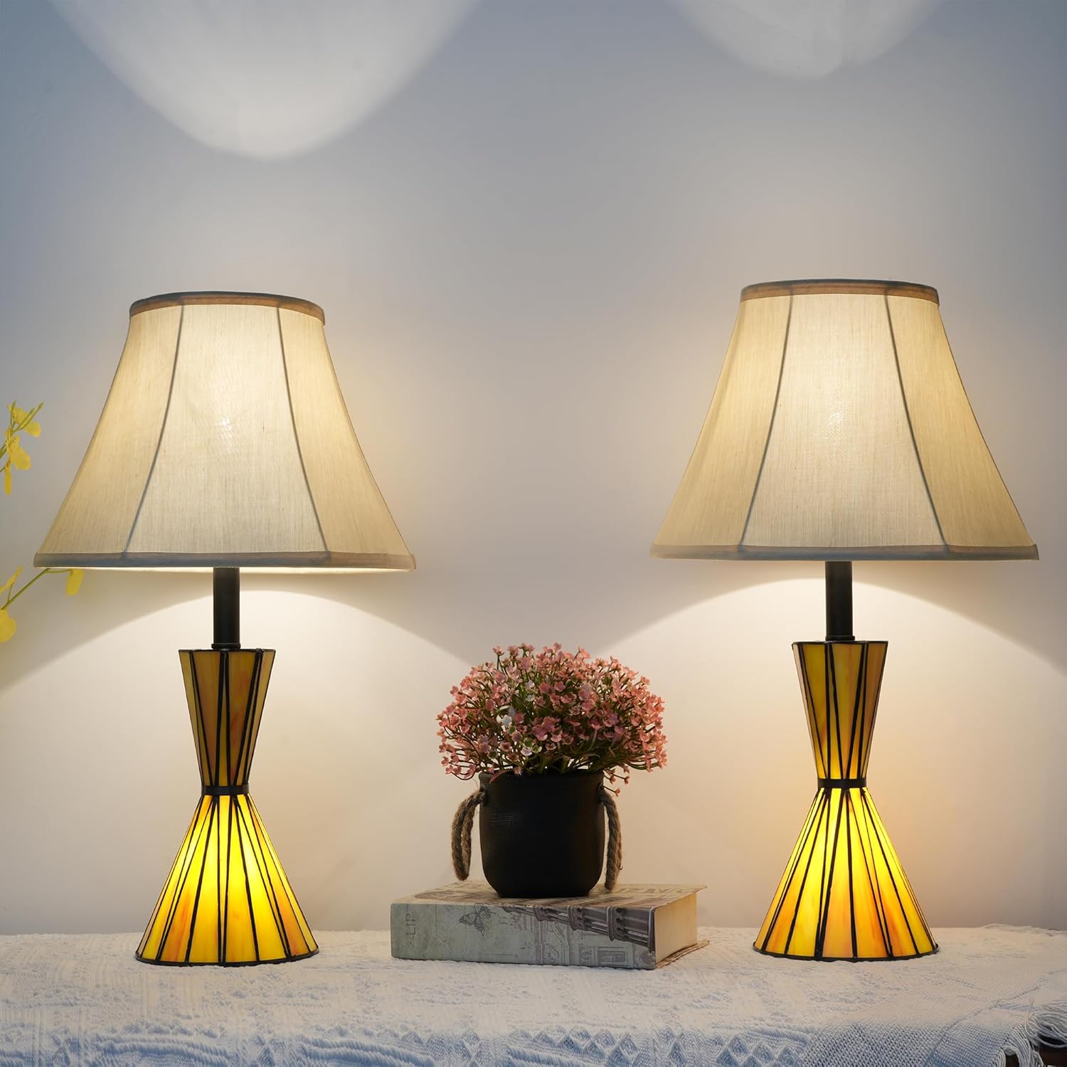 Modern Table Lamps Set of 2 with Hand Crafted Stained Glass Night Lights 3-Way Dimmable Bedside Lamps with Yellow Fabric Shades for Home Decor
