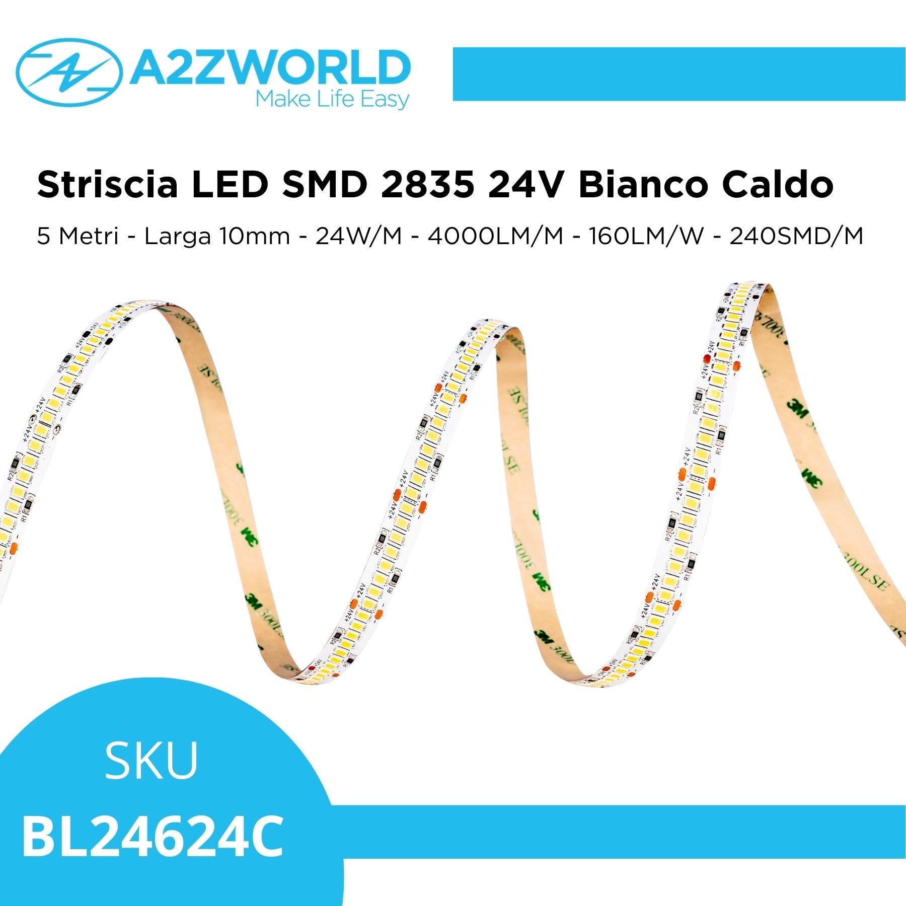 Striscia LED 24V 5 Metri, SMD 2835 240 LED/m, Bianco Caldo 3000K, 24W/m 4000LM/m, Super Luminosità 160LM/W, CRI>80 IP20, Larghezza 10mm Taglio 33mm, Dimmerabile PWM