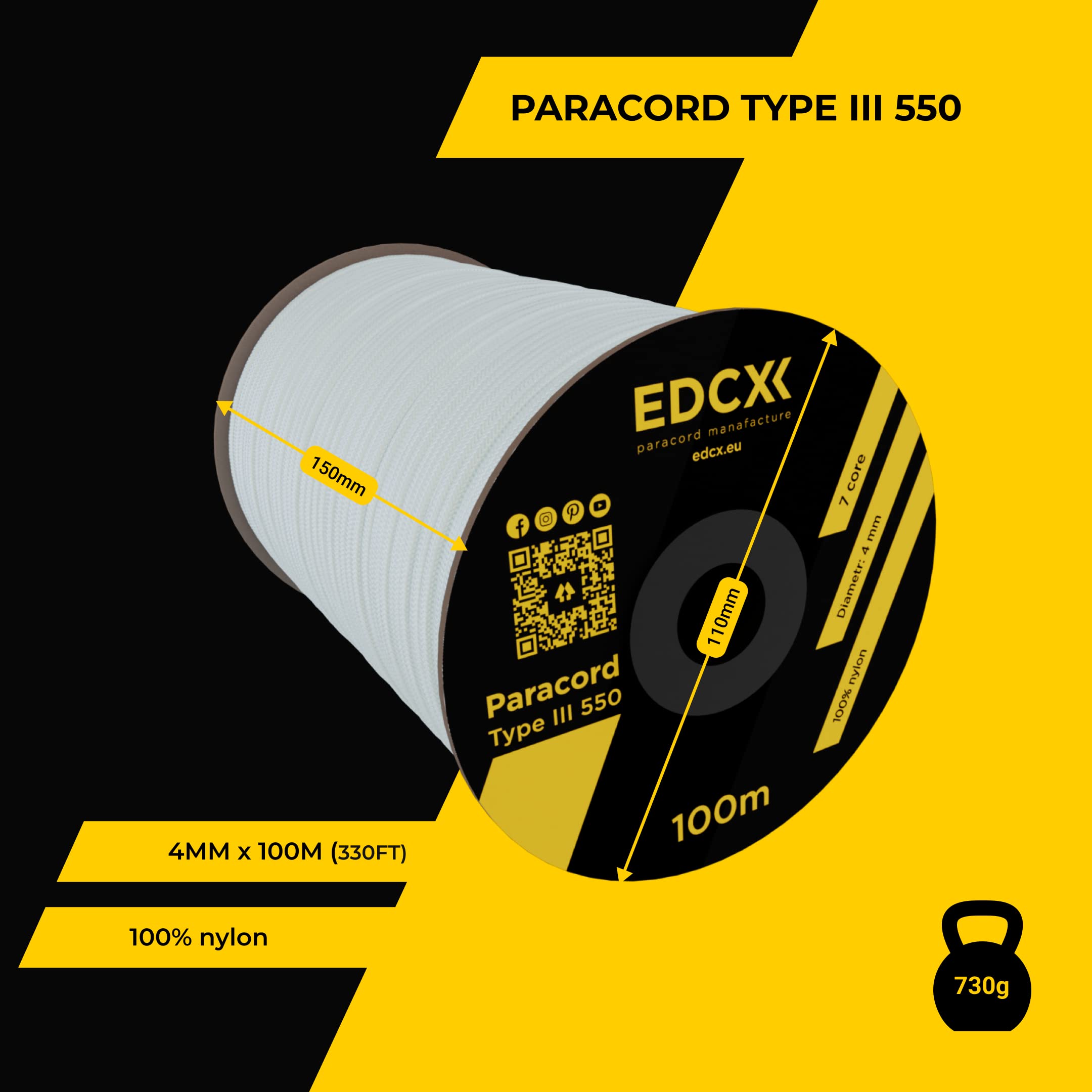 Paracord 4mm EdcX - Cuerda De Nailon 550 Lbs, +35 Colores, Para Camping Y Supervivencia