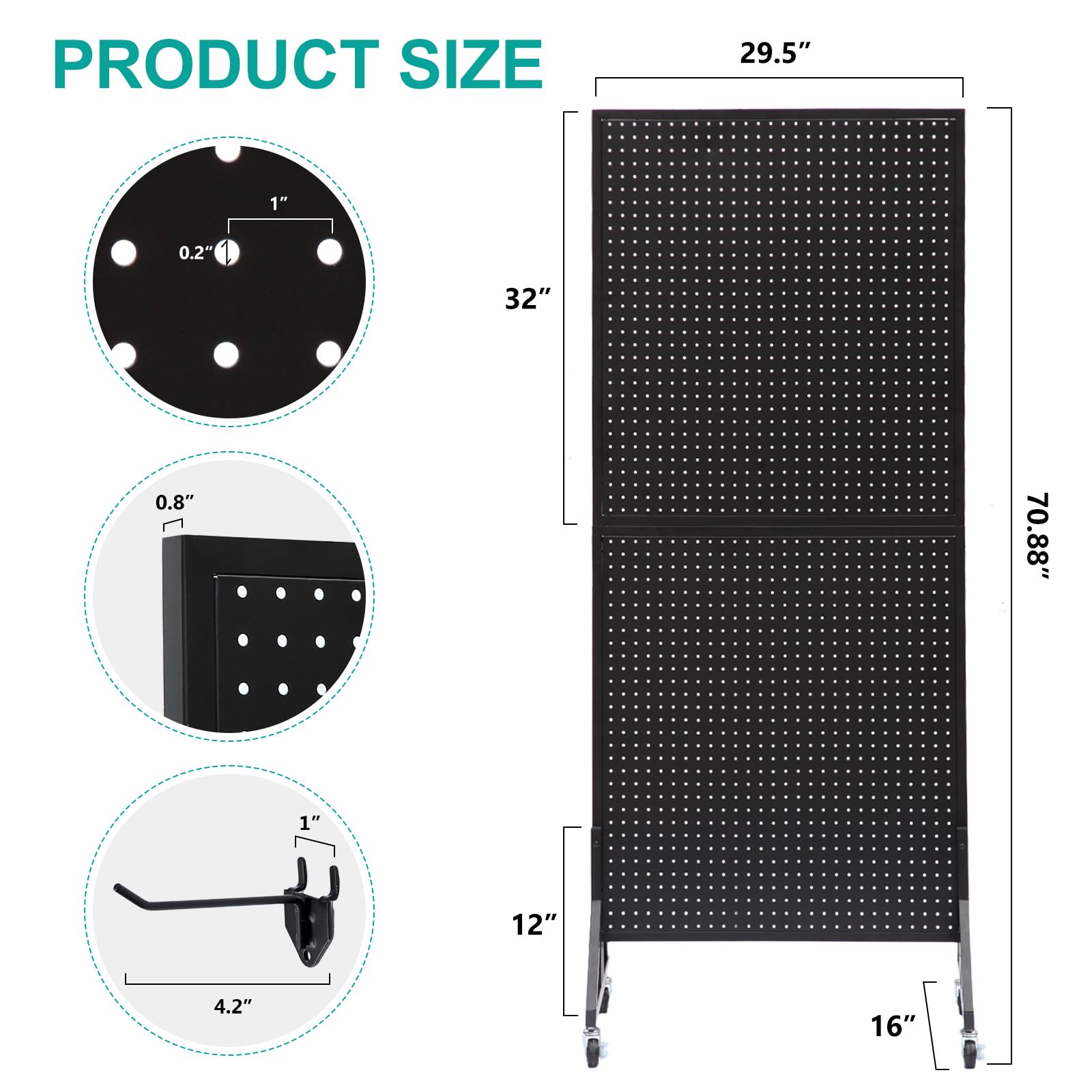 Eastern Tree 2.5'x 6' Metal Pegboard Display Stand with Sturdy Base, Black Pegboard Panels Display with Casters, Craft Show Display Rack, Art Display Stand, Retail Display, Extra 10 pieces Hooks