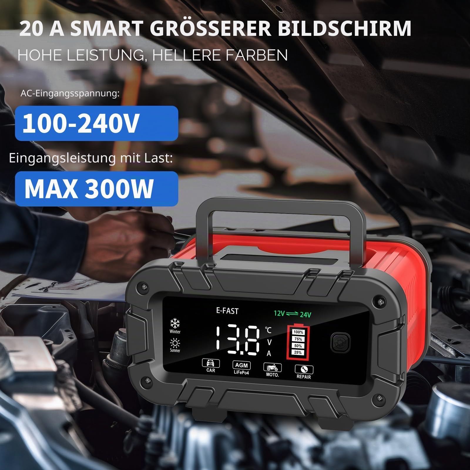 20A Autobatterie Ladegerät, 12V/24V Lifepo4 Smart Vollautomatische Ladegeräte für Autobatterien KFZ Batterieladegerät mit LCD-Bildschirm für Auto LKW Motorrad Rasenmäher Boot