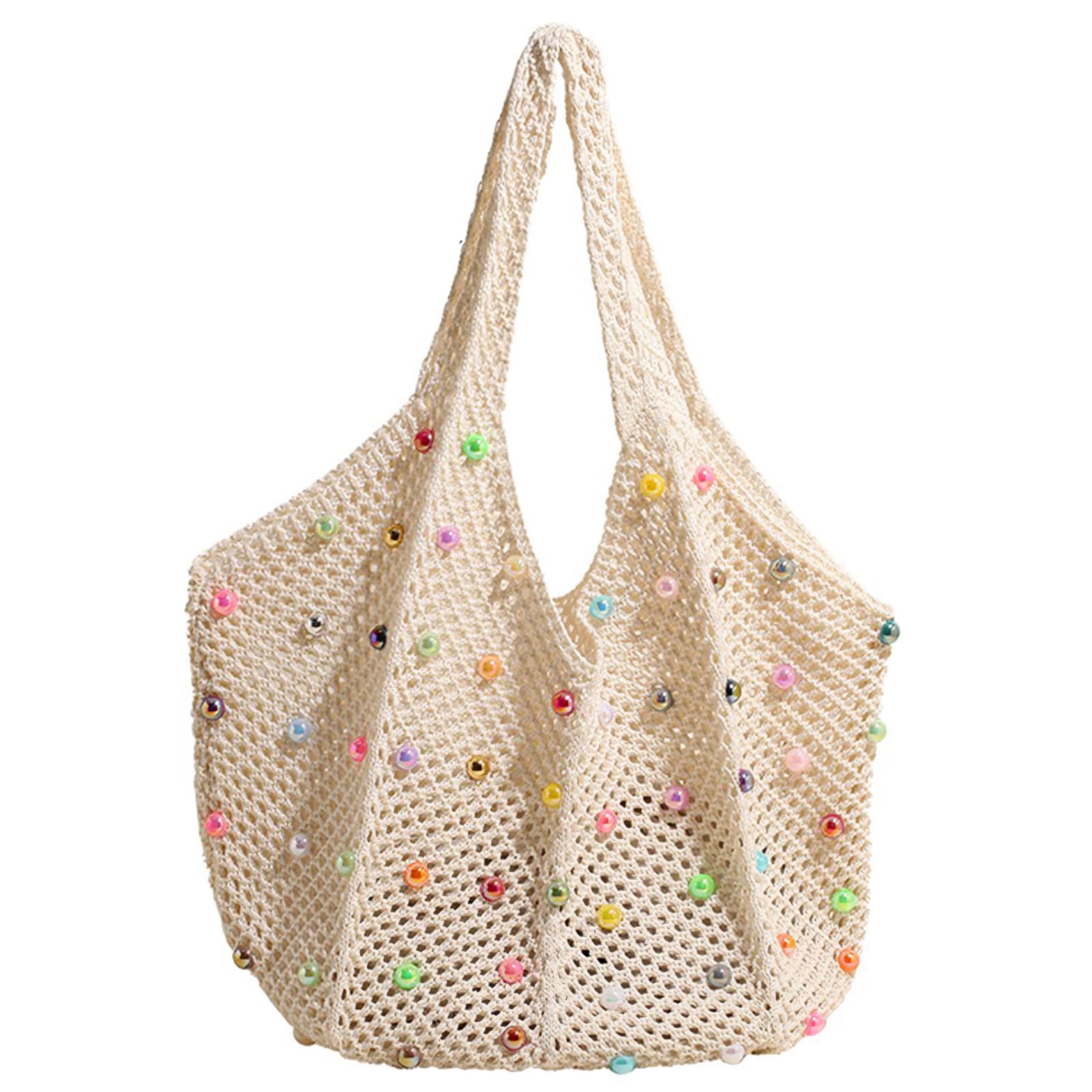 ANYZSCO Boho Crochet Beach Tote Shoulder Bag with Colored Beads | Colorful Aesthetic Hippie Knit Bag for Women (White)