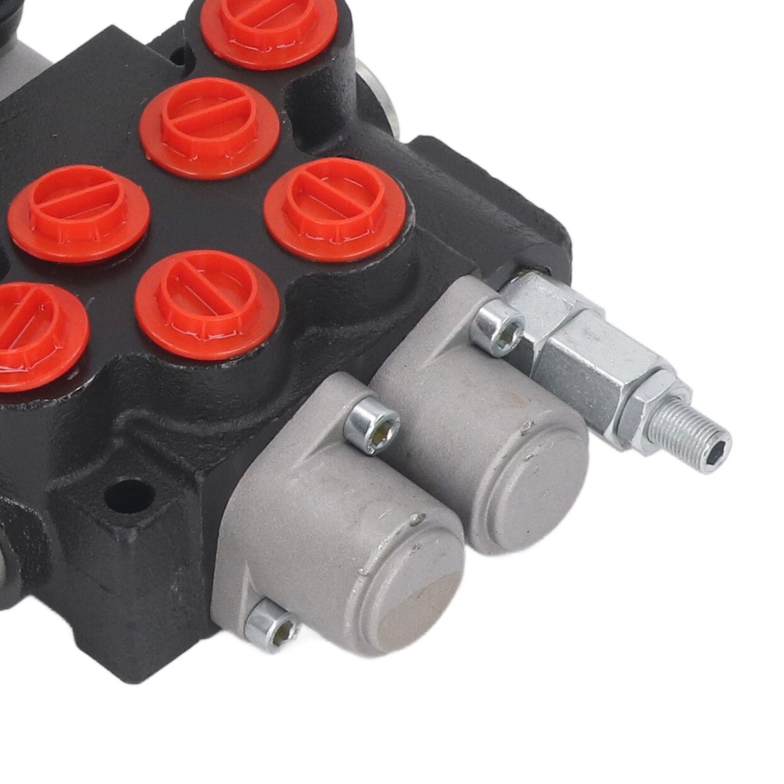 Distributeur hydraulique à double effet, à 2 tiroirs et rappel par ressort, en fonte, pour engins de chantier, tracteurs, chargeuses et remorques.