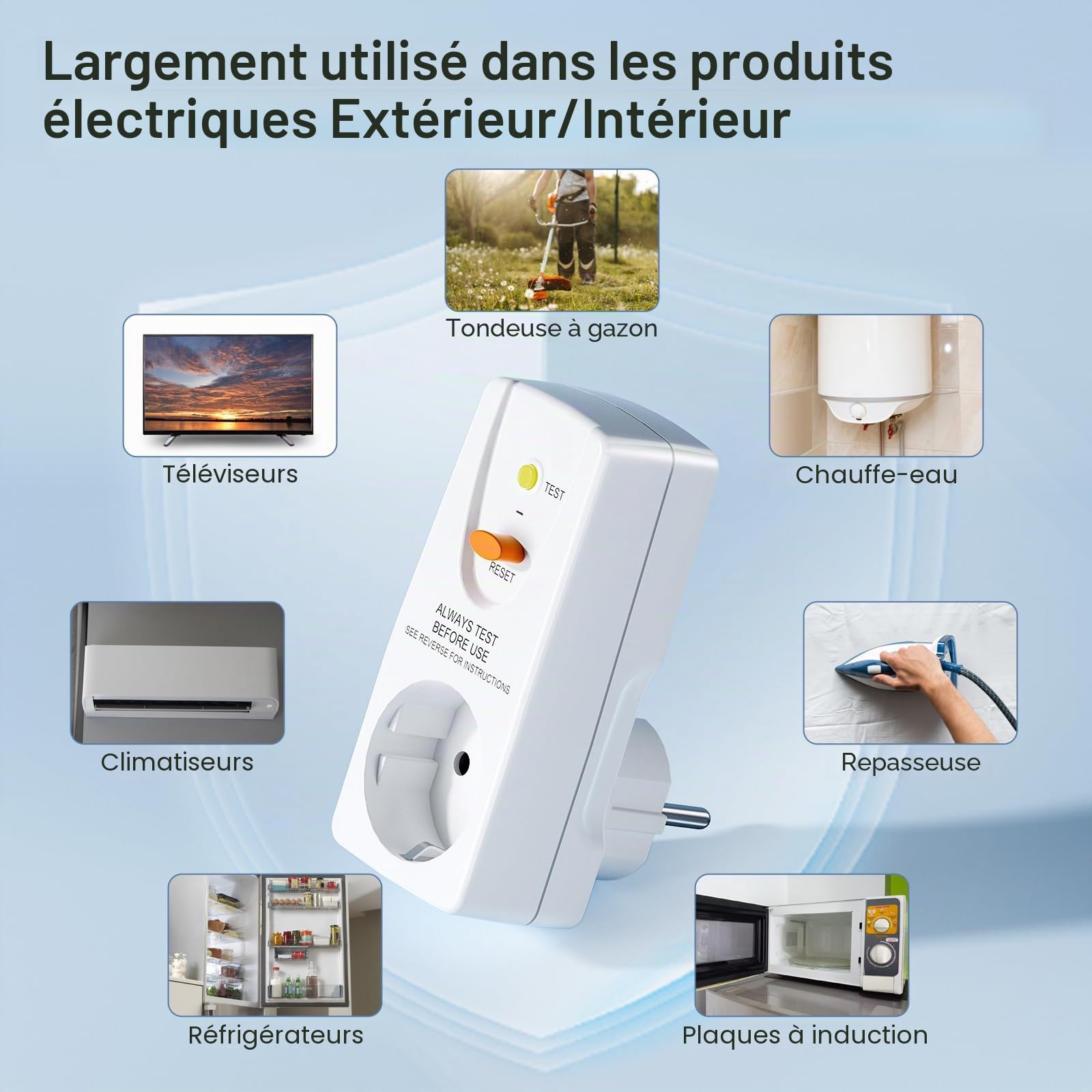 Prise de disjoncteur Fi - Anti-fuites et chocs électriques - Contact de protection 10 mA - 230 V - 16 A - Convient pour appareils ménagers et outils