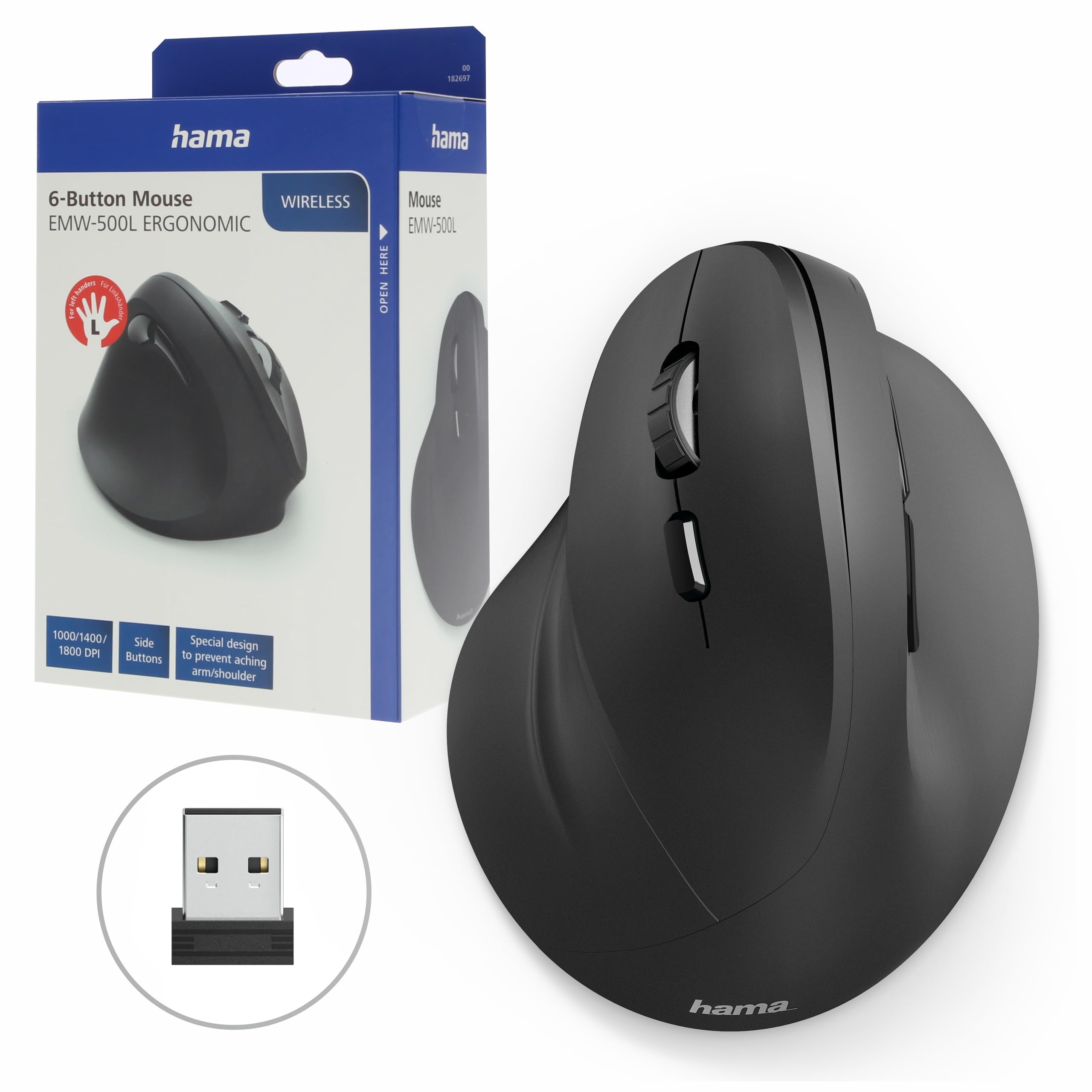 Hama Vertical, Ergonomic EMW-500L Left-handed Mouse | Wireless | Black