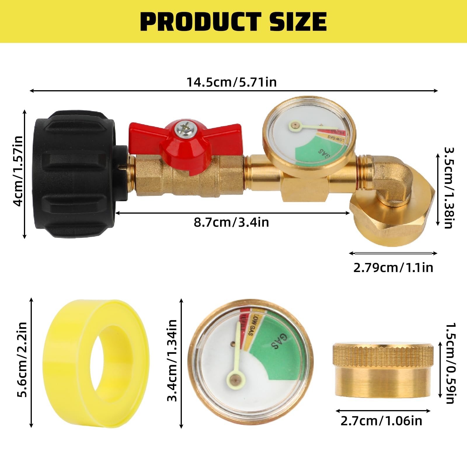 Propane Refill Adapter for 1lb. Tanks, Propane Adapter 20lb to 1lb Converter with Gauge and Control Valve, Propane Refill Elbow Adapter with 4 Bottle Caps for BBQ Grill Stove Camping, Solid Brass