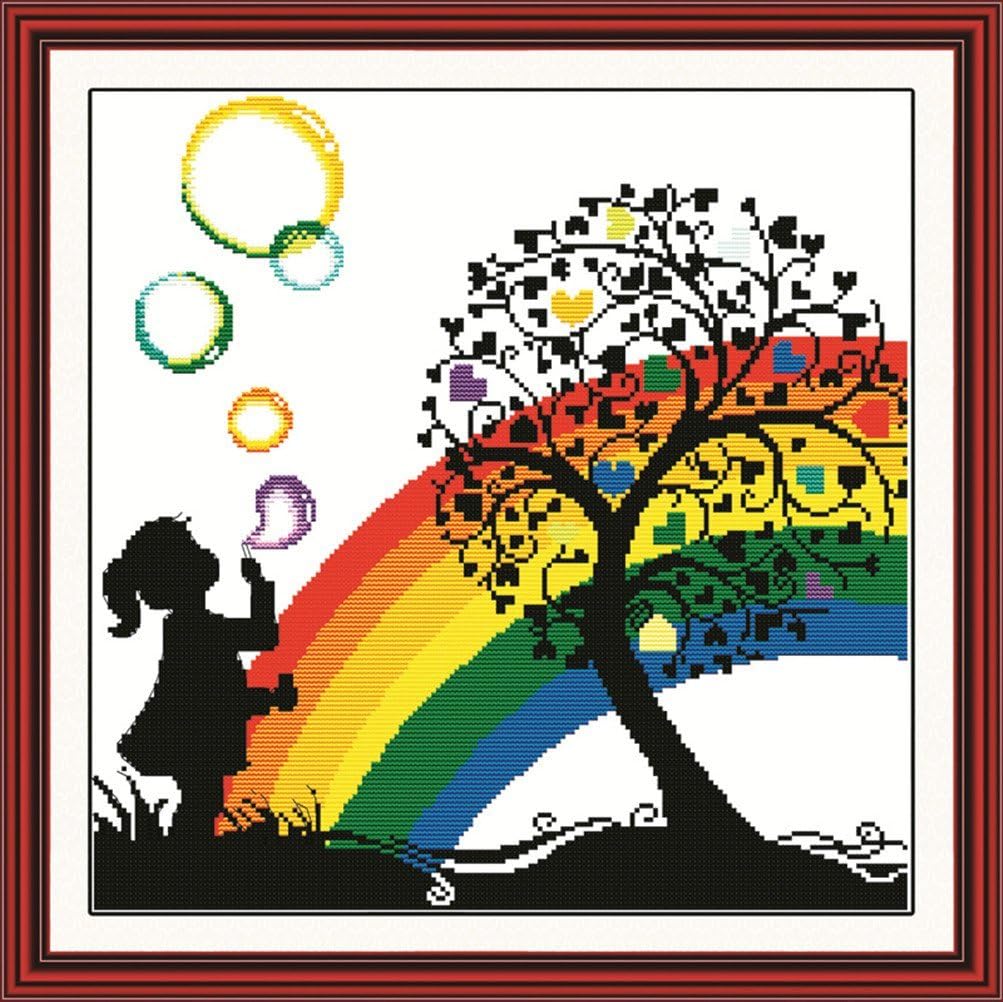 YEESAM ART Unstamped Cross Stitch Kits for Adults Rainbow Bubble Girl 14ct Counted Unprinted Embroidery Kit Needlework Wall Art Decor