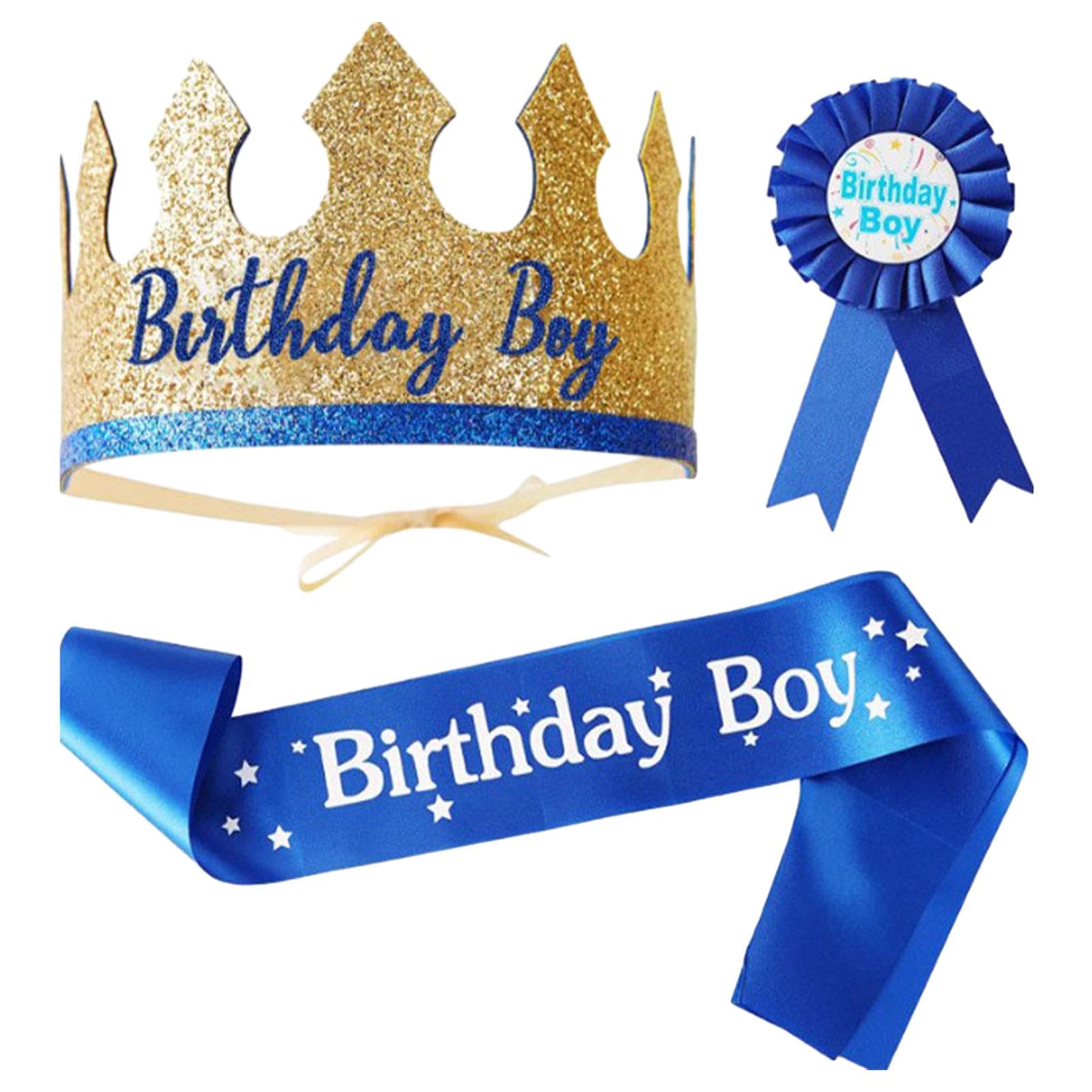 Ulmervion 3 PCS Birthday Boy Crown Hat, Sash & Badge Set - Adjustable for Boys' Party, Cosplay, Costume Events