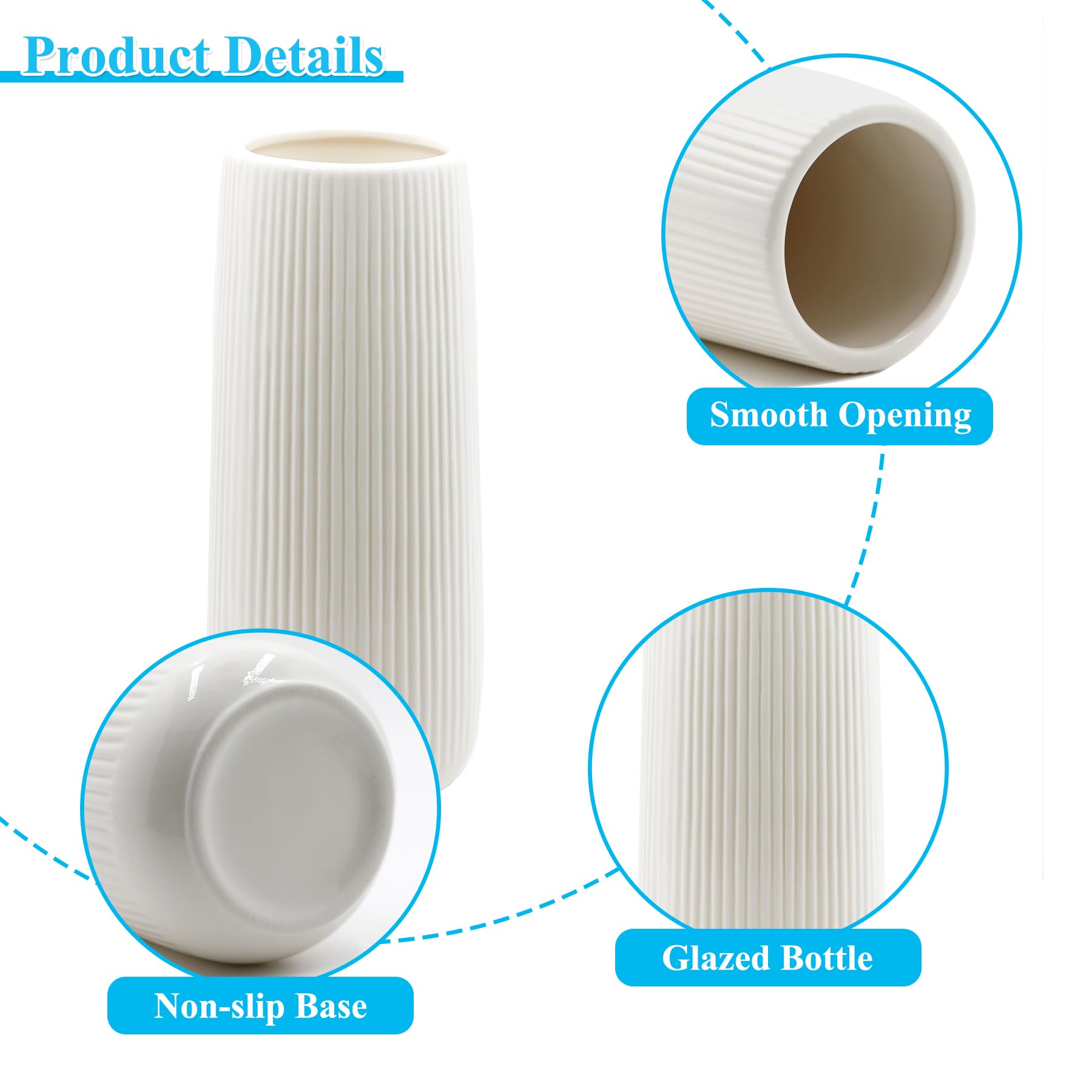 Ceramic Ribbed Vase for Pampas Grass, Boho Deco Modern White Glazed Flower Vase 7.87Inch / 20CM - Image 4