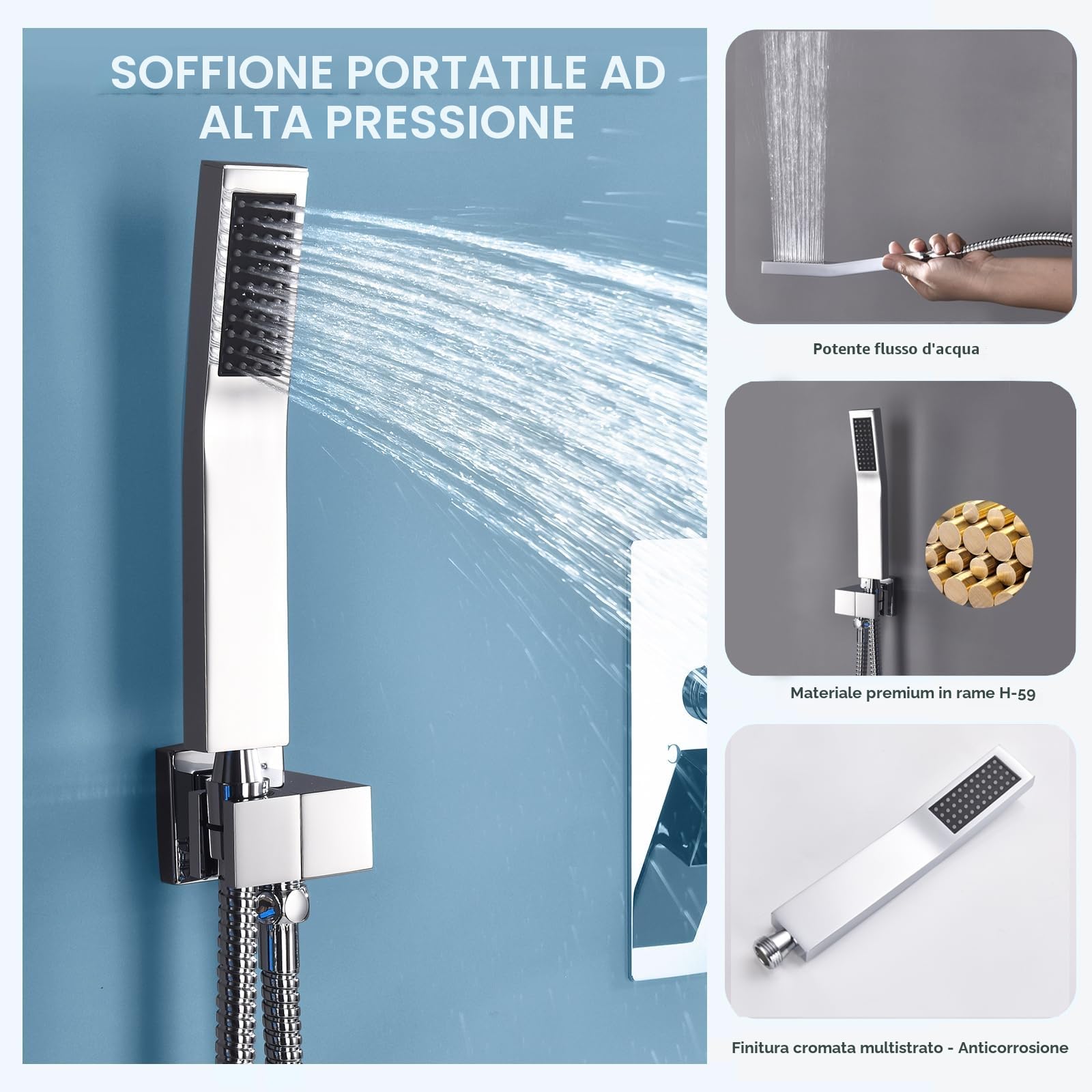 Soffione Doccia a Risparmio Idrico Alta Pressione Ottone Cromato Argento Anticalcare