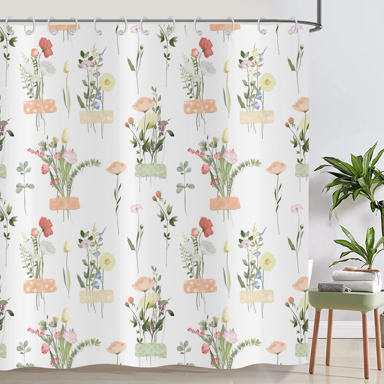 ASDCXZ Flower Shower Curtain 120x180 cm, Spring Rose Red Yellow Colorful Flowers Green Leaves White Bath Washable Shower Curtains Polyester Textile Waterproof Bath Curtain for Bathtub with 8 Hooks โ image 1