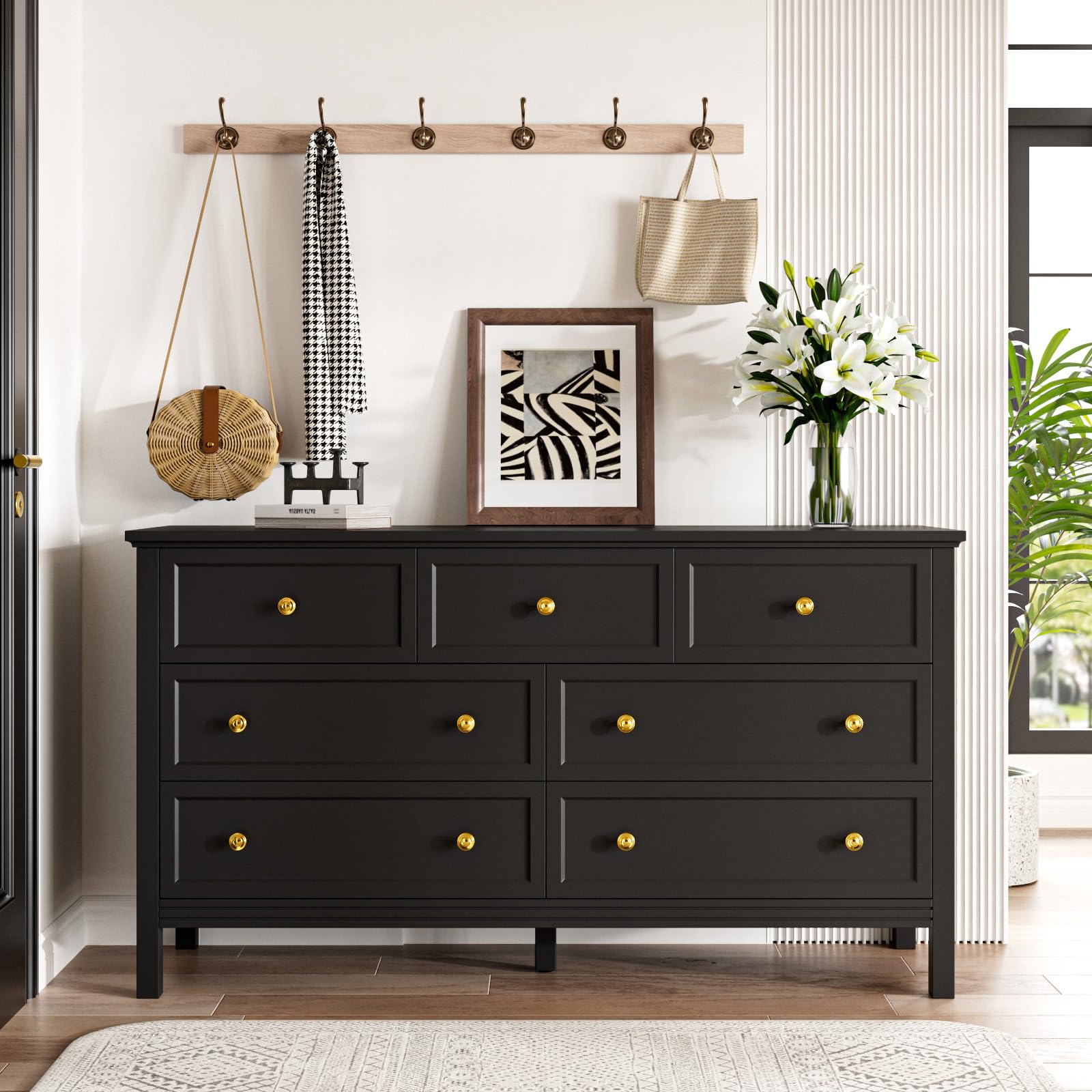 Amazon.com: Tradare Black Dresser for Bedroom with Gold Handle Modern 7  Drawer Dresser, Wood Chest of Drawer Closet Clothes Storage Organizer for  Living Room, Hallway, TV Stand, 55 Inch : Home & Kitchen