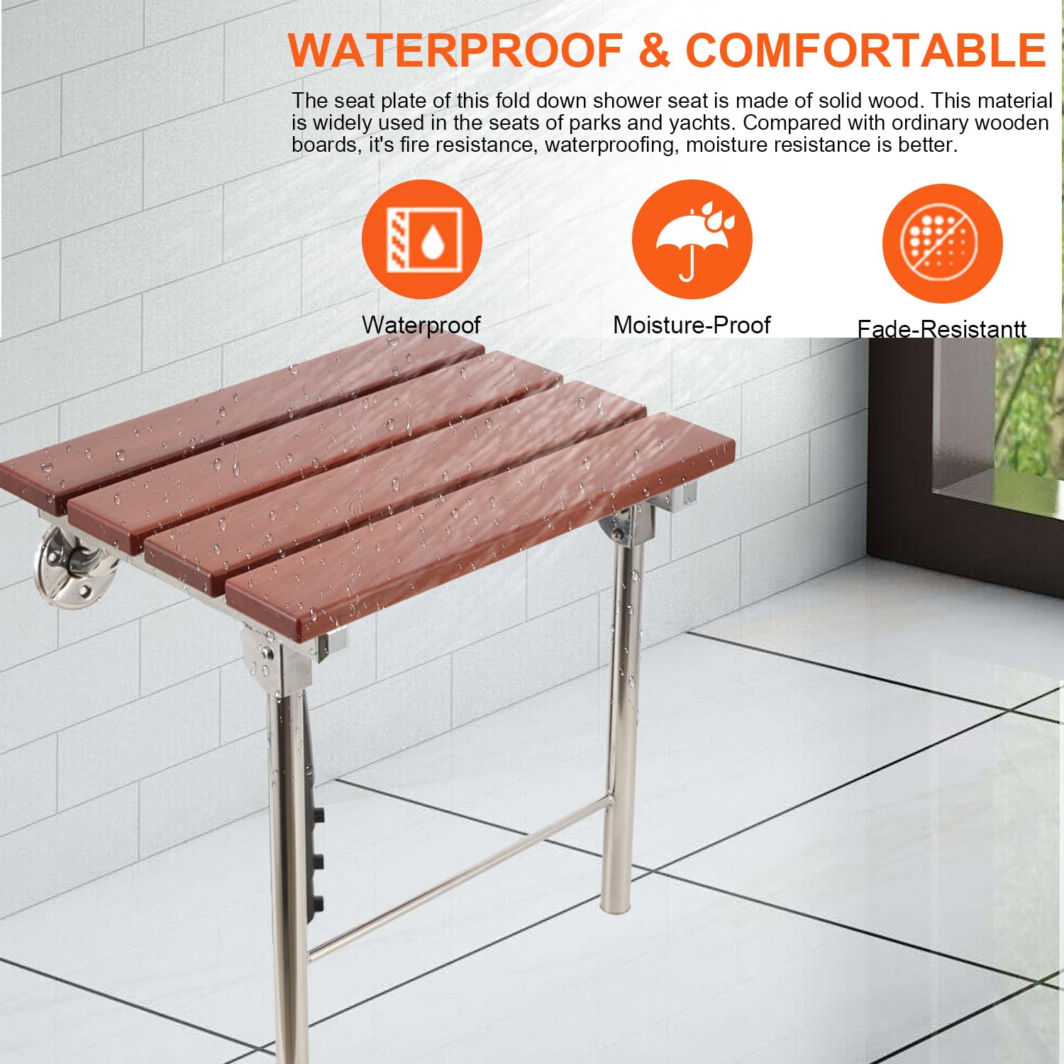 Asiento de ducha plegable montado en la pared con patas, banco de ducha plegable | Silla de baño de madera con patas antideslizantes para ancianos/discapacitados/embarazadas, altura 460 mm