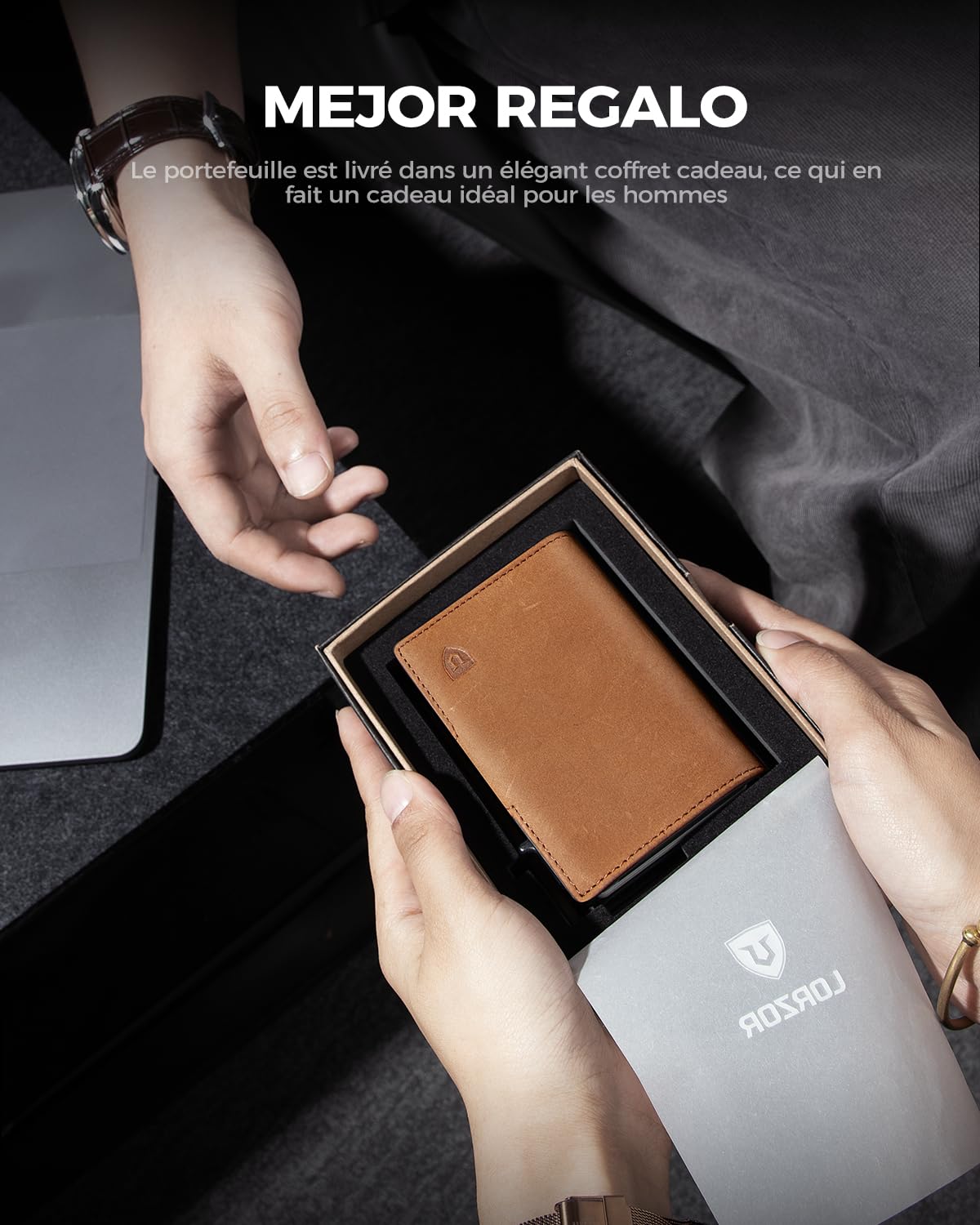 LORZOR® Portefeuille pour Homme en Cuir Véritable, Porte Carte Homme avec RFID, Porte Monnaie pour 10 Cartes, avec Compartiment pour Espèces et Poche à Monnaie