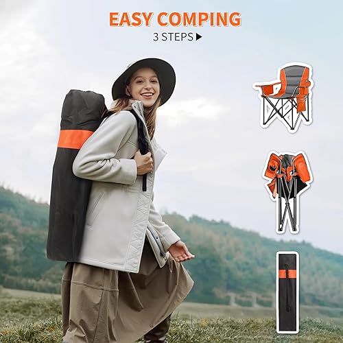 Miniatura 4 de Paquete de 2 sillas de camping acolchadas de gran tamaño para adultos, soporte resistente de 400 libras, silla de césped portátil plegable con
