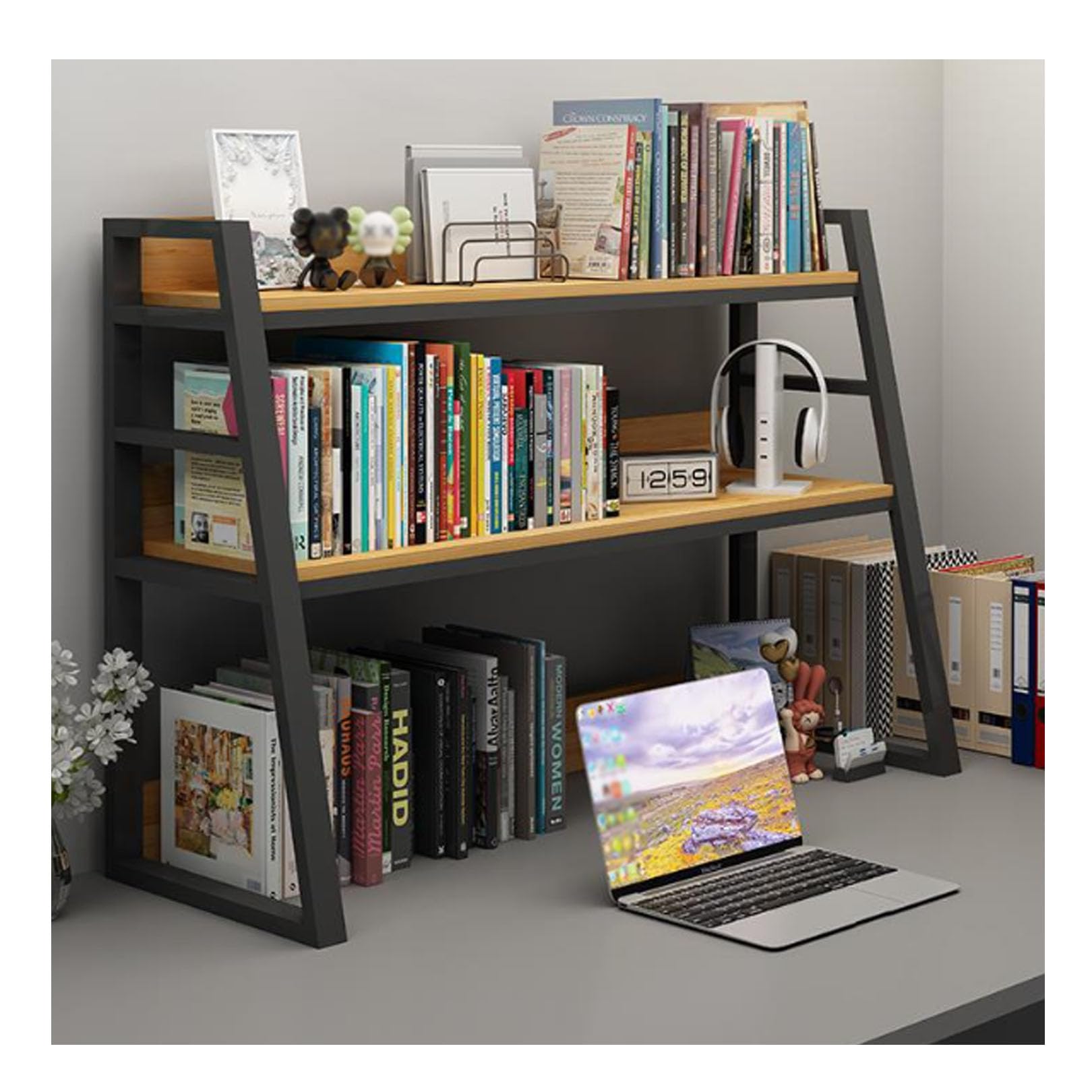 Bibliothèque de bureau à 2 niveaux et présentoir organisateur compact