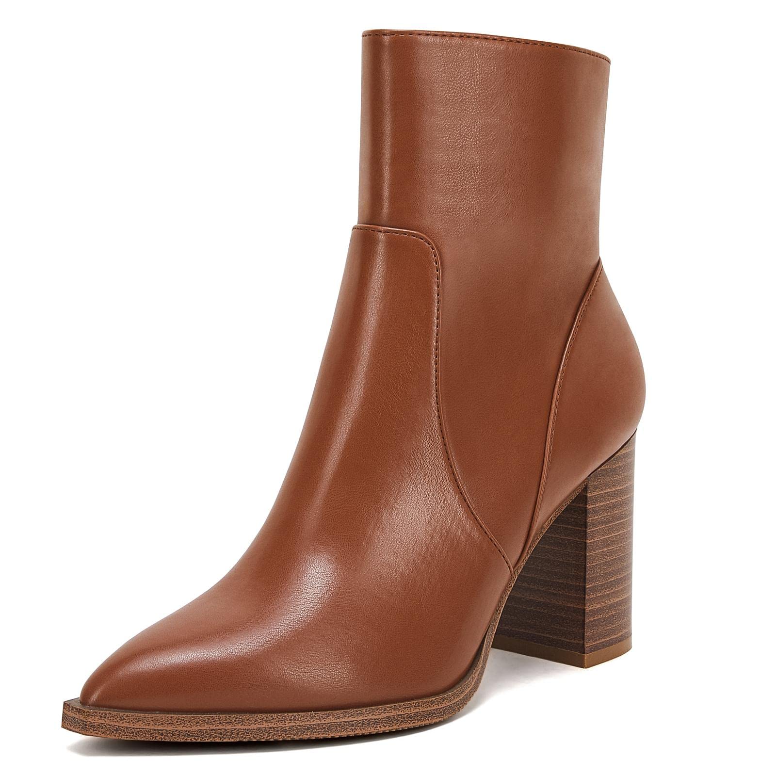 LAICIGO Women's Pointed Toe Ankle Boots Chunky Stacked Heel Side Zipper Faux Leather Ankle Booties