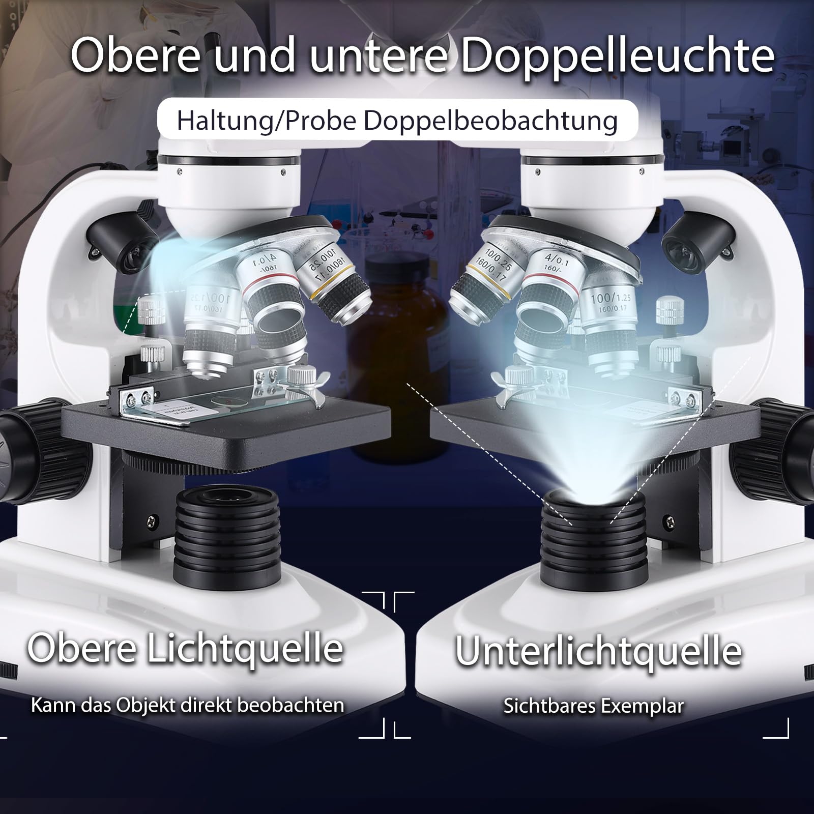 Erbundmikroskop 40X-2500X, WF10x WF25x Okulare, Dual-LED-Beleuchtung, zweilagige mechanische Bühne