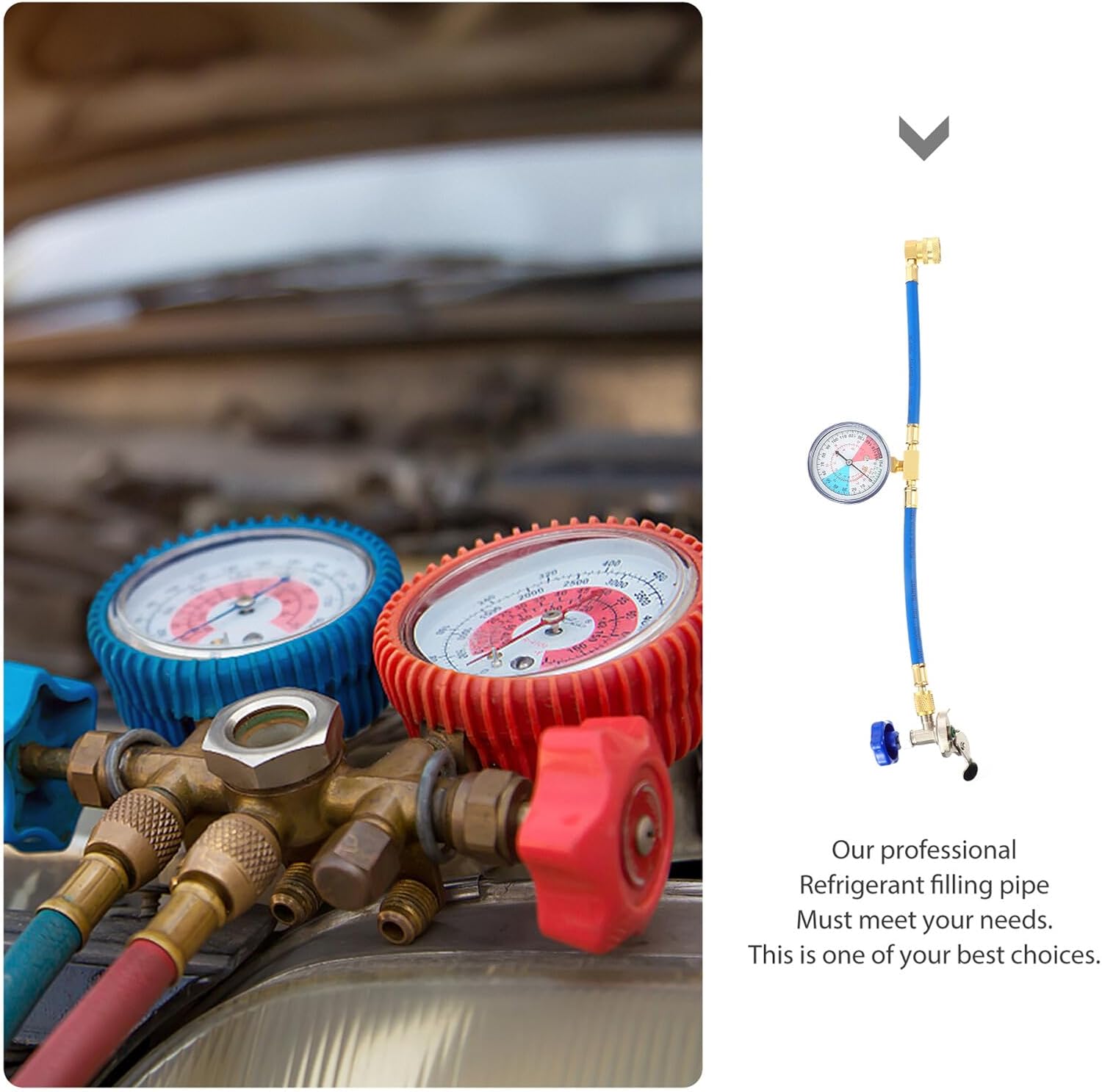 Refrigerant Charging Hose with Pressure Gauge and Filling Tube for Car Ac System Leak Detection and Refrigerant Recharging Tool