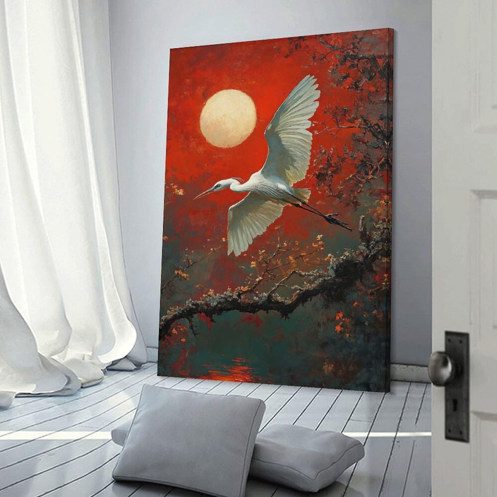 Junmoney White Heron in Flight Wall Art Print, 08x12inch(20x30cm), for Entrance Spaces, Stair Walls Or Halls, Home Artwork for First Impressions