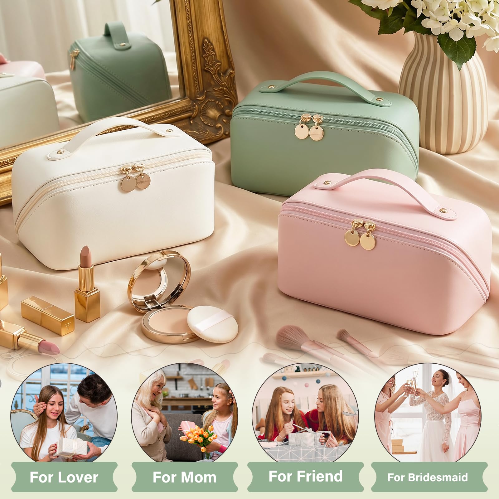 Personalized Makeup Bag for Women, Custom Travel Cosmetic Bag with Initial and Name, PU Leather, Water-Resistant, Open Flat Toiletry Bag for Bridesmaid Wedding Gift/Mothers Day Gifts (Green)