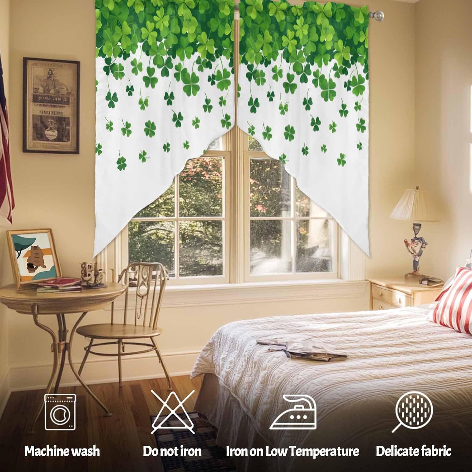 St. Patrick's Day Kitchen Curtains Lucky Shamrock Clover Window Valance Set,Green Spring Plant Clover Rod Pocket Curtains Swag for Bedroom Living Room, Irish Swag Valance 36" Long Set