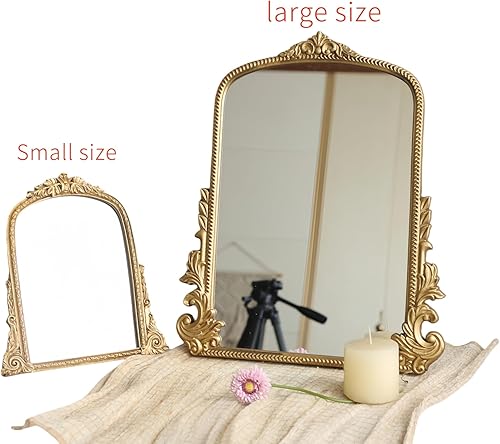 Miniatura 4 de Espejo de mesa dorado vintage grande  16 x 20 pulgadas, diseño arqueado antiguo con marco de madera, espejo de tocador de gran tamaño para