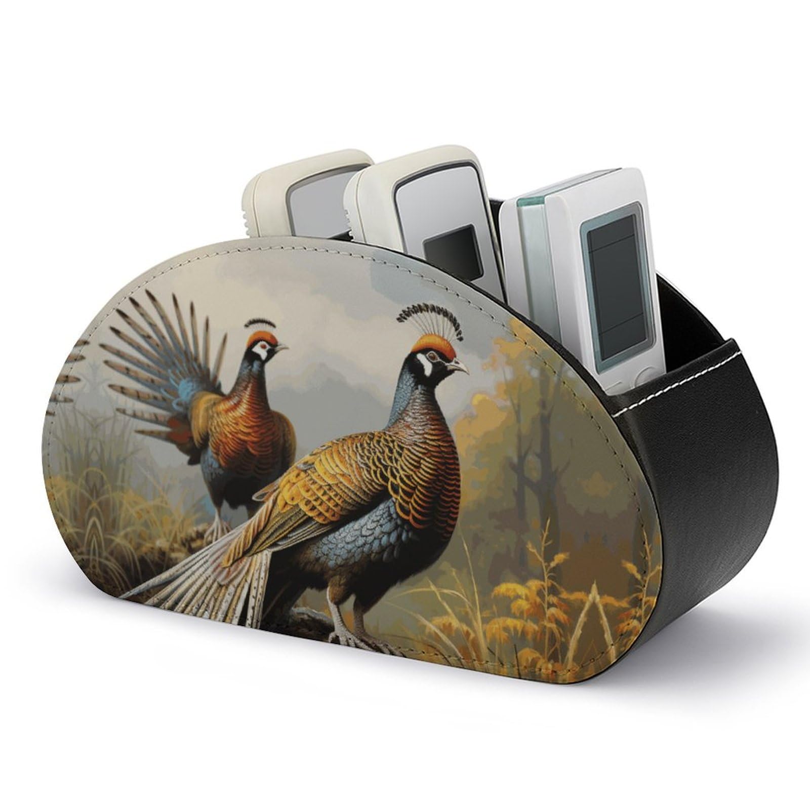 NWTRJ Pheasants Animals Remote Control Holders Pu Leather TV Remote Holder with 5 Compartments Desktop Storage Organizers Remote Caddy Box for TV Remotes/Media Controllers/Office Supplies