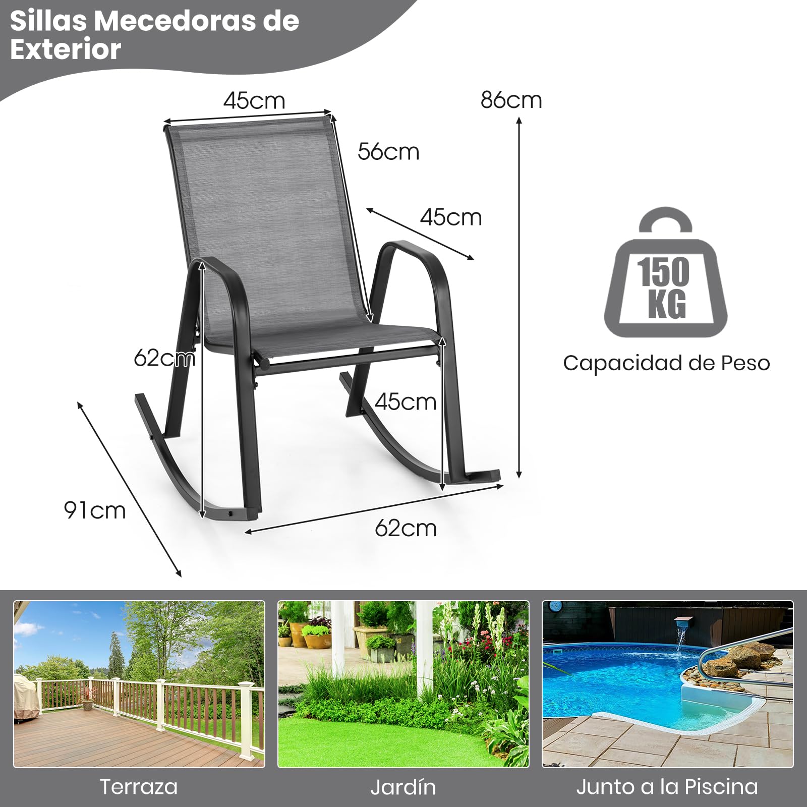 GIANTEX Juego de 2 Mecedoras para Patio, Ergonómicas para Exterior con Tela Transpirable, Sillón de Metal Resistente para Porche, Terraza, Jardín (Gris)