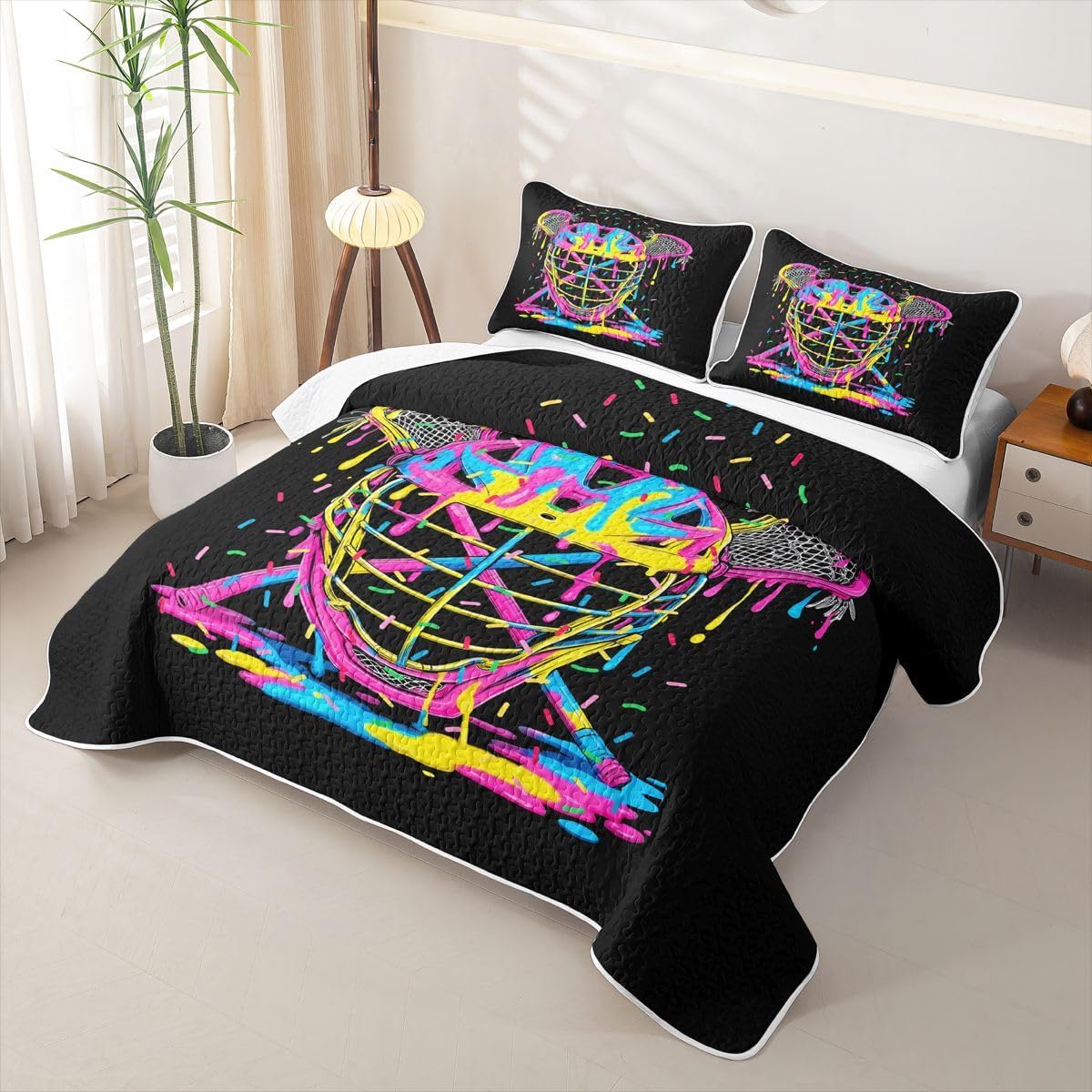jejeloiu Lacrosse Quilt Set Twin Size Lacrosse Sticks Comforter Set for Kids Boys Girls Sports Game Bedspreads with 1 Pillowcase Gift for Lacrosse Lover Bedding Lightweight Black
