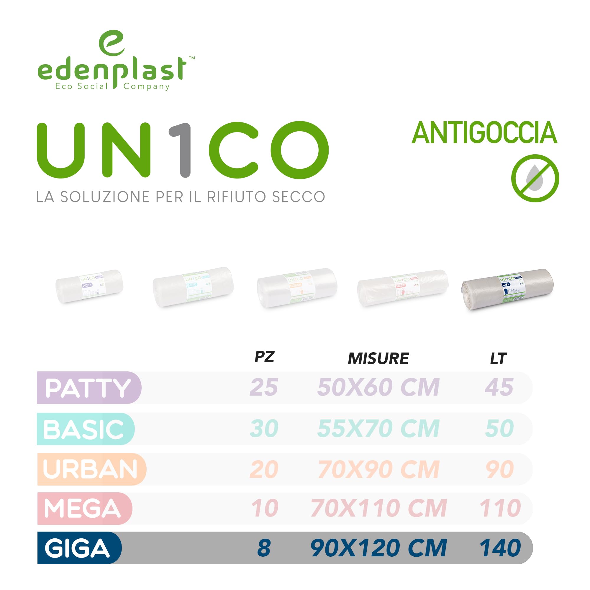 UN1CO GIGA Sacchi Spazzatura Trasparenti 140L - 90x120 cm – Sacchi Raccolta Differenziata Rifiuto Secco - Antigoccia - Polietilene Riciclato - 13 Rotoli da 8 sacchi
