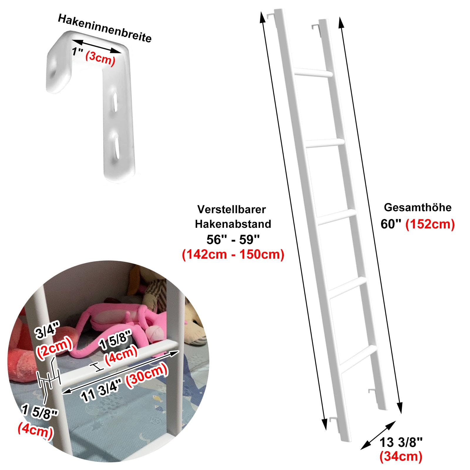 Treppe Hochbett Leiter 127/140/152/168 cm, Wohnmobil-Etagenbettleiter mit 4 Haken und Fußkappen, Metall-Twinbett Trittleiter für Zuhause, Wohnheim, Belastbarkeit 150 kg (152cm, Weiß)