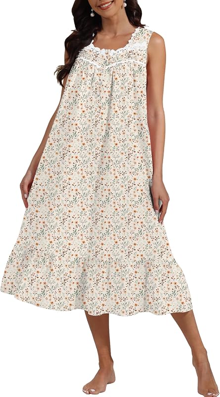 100% Cotton Floral Pearl Snap Nightgown for Women Sleeveless Victorian Sleep Dress Cotton Nightgowns with Pockets