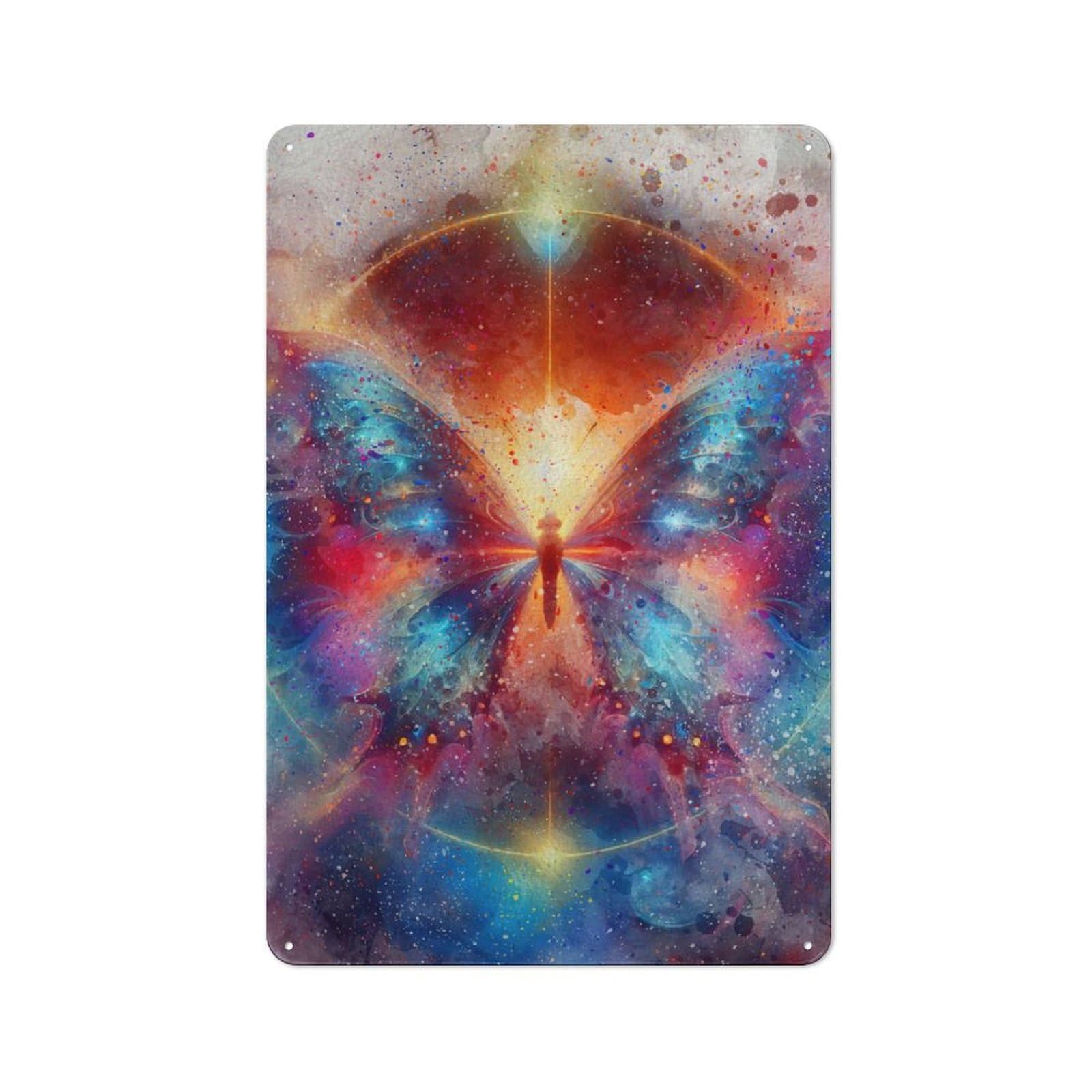 Junmoney Style-7 Metal Plaque 30X20cm With Cosmic Butterfly Watercolor Painting For Hallway Wall, Rustic Decor, A Metal Wall Feature For Hallways And Entrance Areas