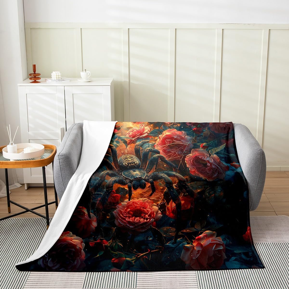 Spider Floral Fleece Blanket,Romantic Red Roses Natural Flowers Bed Blanket for Kids Teens,Happy Halloween Mystic Animal Arachnid Spider Web Flannel Blanket for Room Decor,Queen 90"x90"