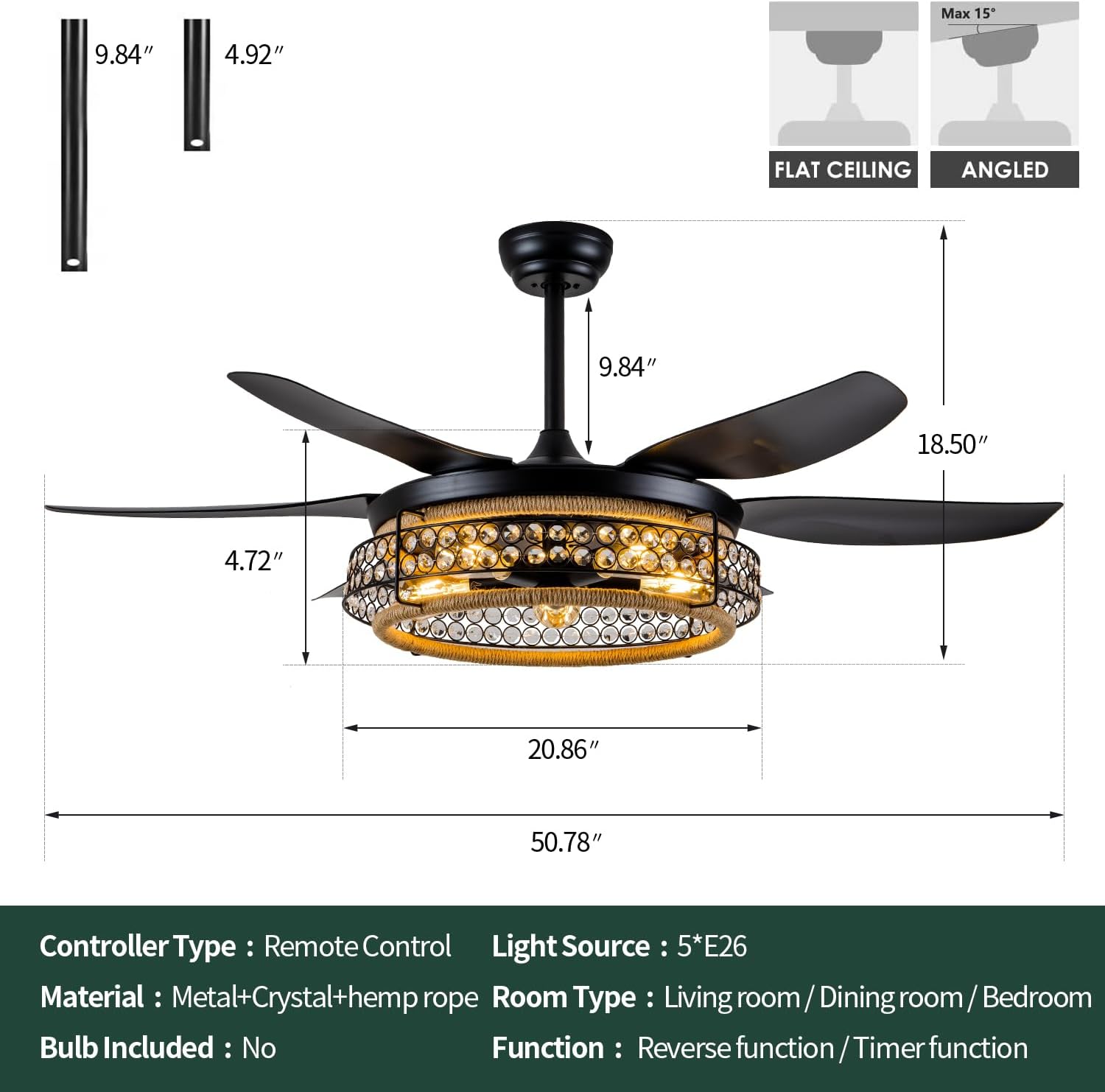 51 Inch Ceiling Fans with Lights and Remote, Farmohouse Fandelier Caged Ceiling Fan with Light, 6 Speed, Reversible, Black Industrial Ceiling Fan Lights for Bedroom, Kitchen, Living Room