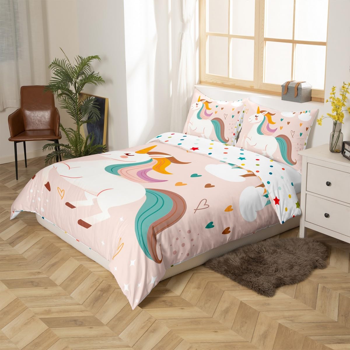 Homewish Cute Unicorn King Duvet Cover Set Rainbow Unicorn Toddler Bedding Set for Kids Girls Kawaii Love Hearts Decor Quilt Cover Reversible Cartoon Animal Bed Sets - Image 2