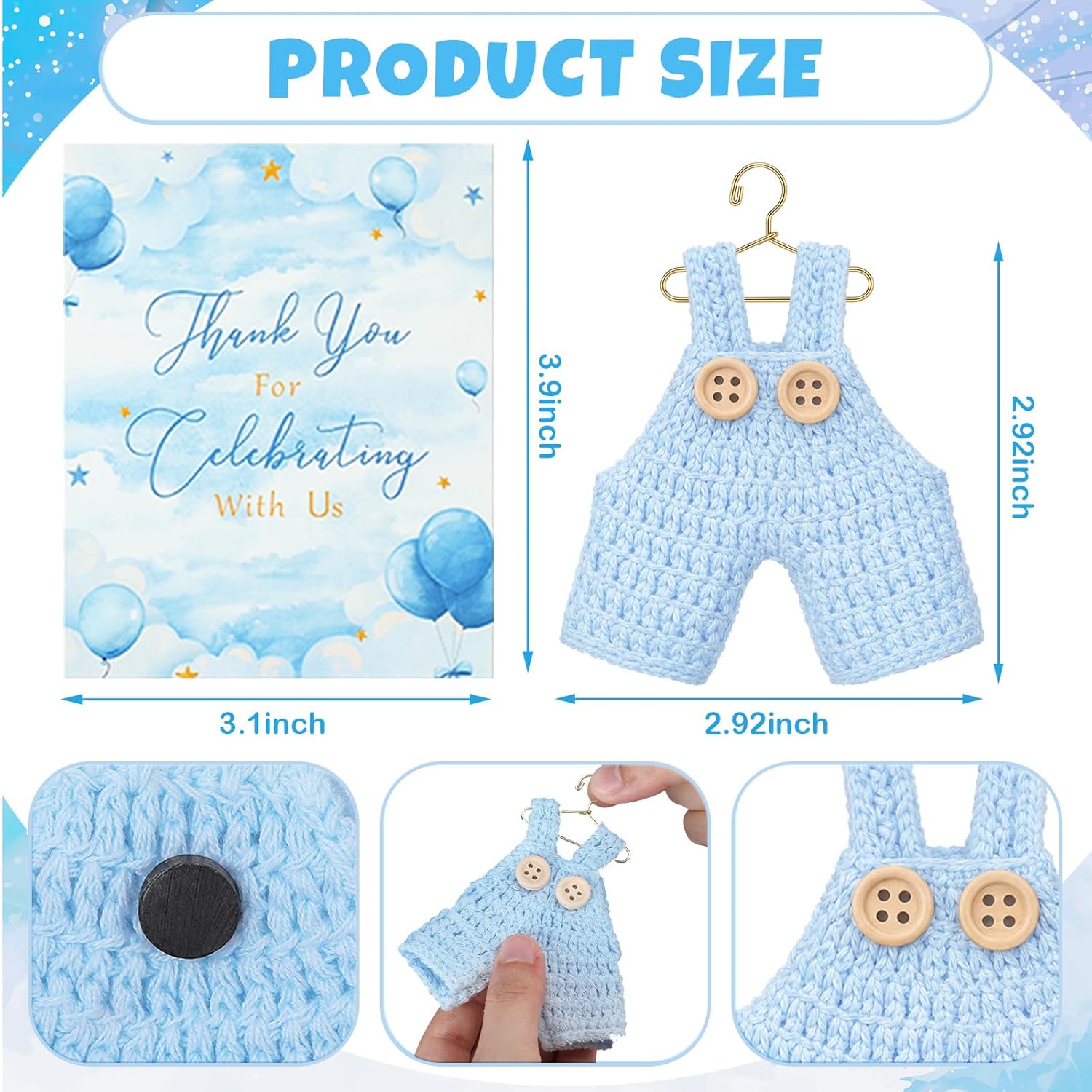 Novabright 50 Pcs Baby Shower Party Favors for Guests Miniature Crochet Overall Magnets with Cards Baby Shower Gifts, Newborn Favors, Thank You Welcome Gifts for Gender Reveal Baptism Party