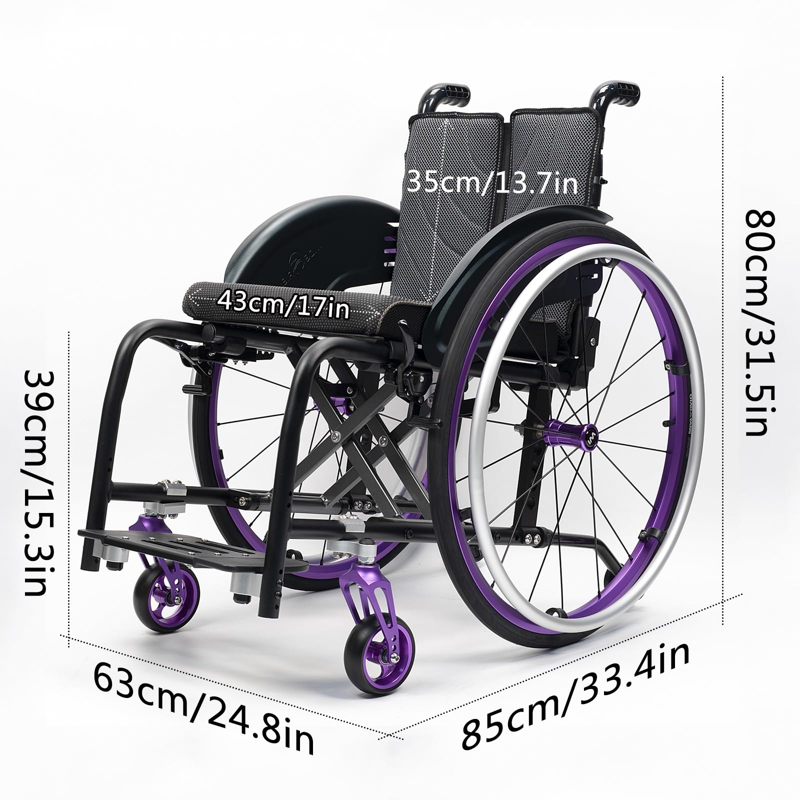 Silla de ruedas manual ligera, silla de ruedas deportiva ultraligera portátil todo terreno, silla de ruedas plegable, sillas de ruedas de transporte con antivuelco(Purple A,43cm/17in)