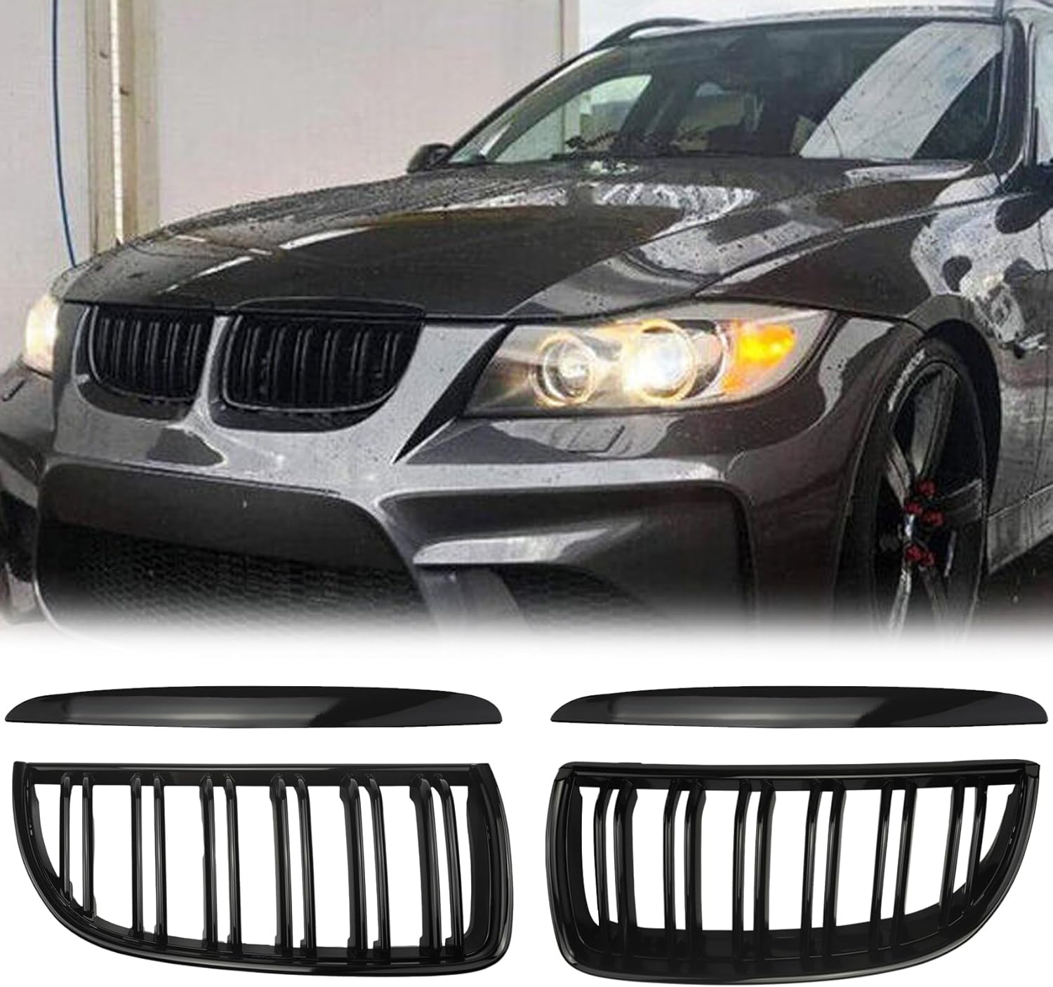 ‎MCMMLDM E90 Grille Front Kidney M Color Grill Fits for BMW 3 series E90 E91 LCI 323i 328i 328xi 335d 335i 335xi 2009 2010 2011(Double Slats, Easy Snap-On Install)