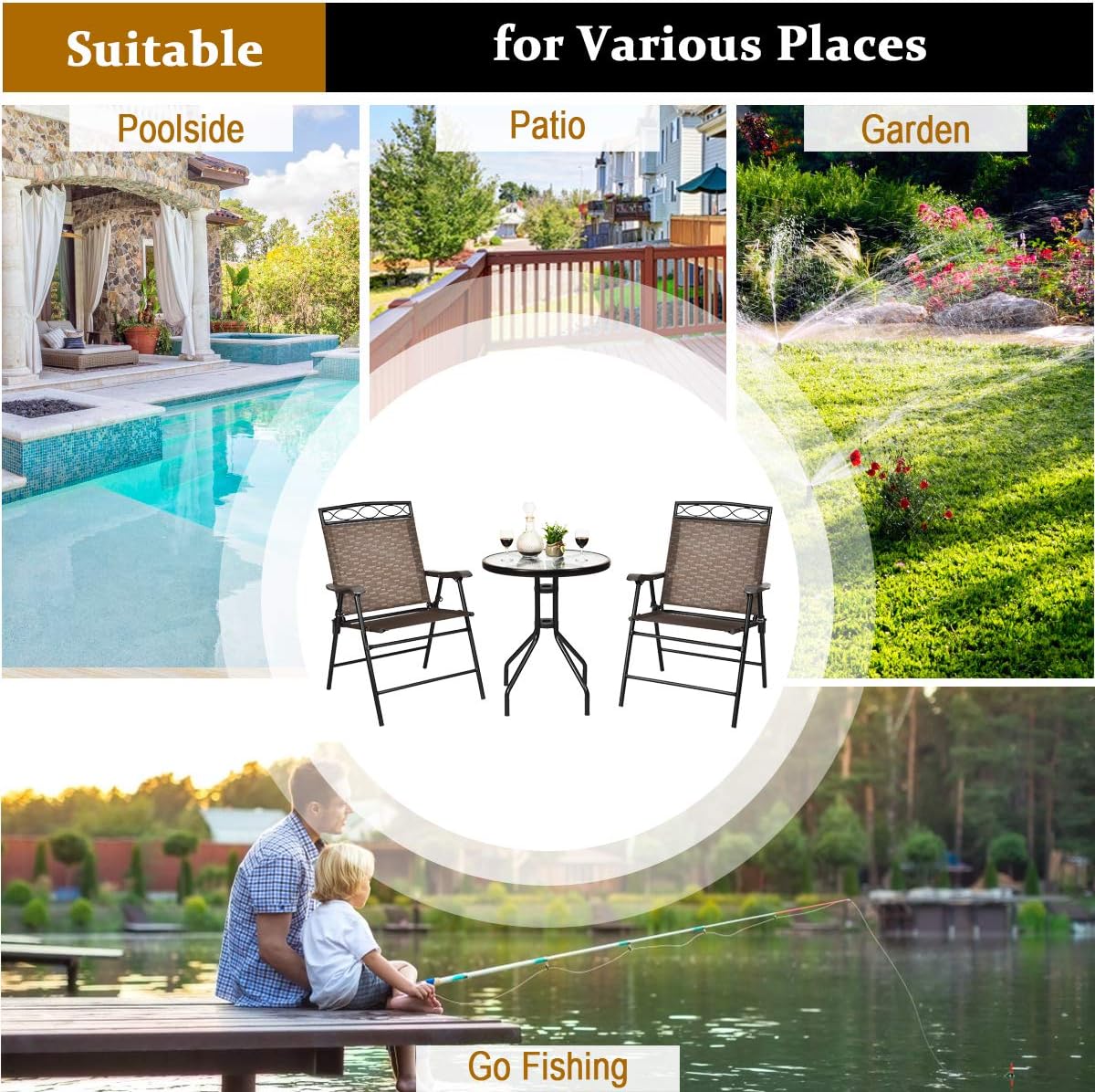 3 Piece Patio Bistro Set, Outdoor Bistro Dining Furniture Set Table & Folding Chairs for Garden, Pool, Backyard, Tempered Glass Tabletop with Umbrella Hole