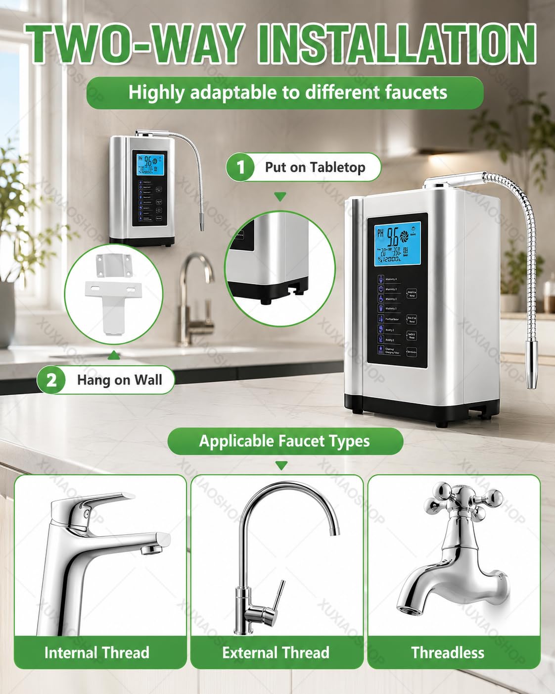 Jonizator wody alkalicznej, pH 3,5-10,5, system filtracji wody do domu Blue | 7 ustawień wody, 8000 litrów na filtr, automatyczne czyszczenie, inteligentny głos