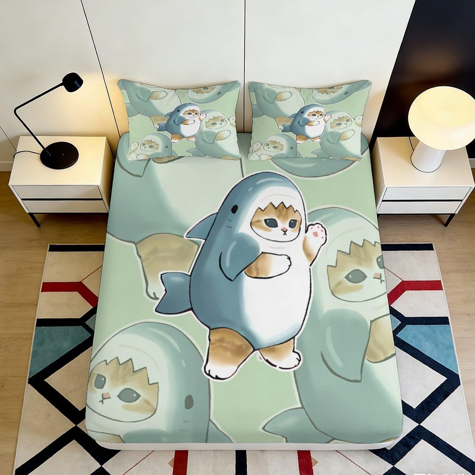 3D Printed Cute Cat Shark Costume Fitted Sheet Microfiber Soft Durable 3D Cartoon Mattress Cover for Bedroom Dormitory Guest Room Mattress Protection 160x200x25cm