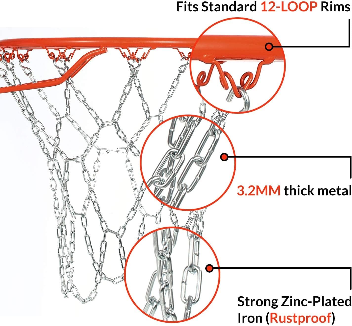 Basketball Net Heavy Duty Metal Chain Replacement with 12 S-Hooks and Set of Pliers to Tighten Hooks | Rustproof Galvanized Iron 21-Inch (53 cm) Net (2.5)