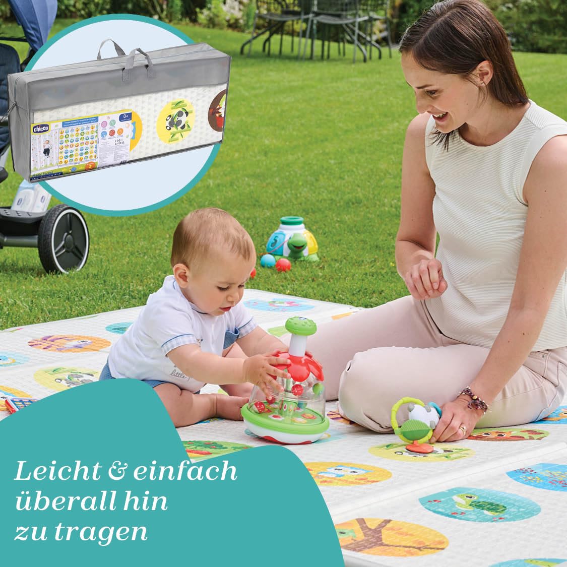 Chicco Krabbelmatte Baby, Extra groß, 200x180 cm, Stärke 1.3 cm, wenbare Spielmatte Baby, mit Tieren und Landschaft, Double Face, faltbar, Superweich und farbenfrohes, für das Kinderzimmer, 0+ Monate