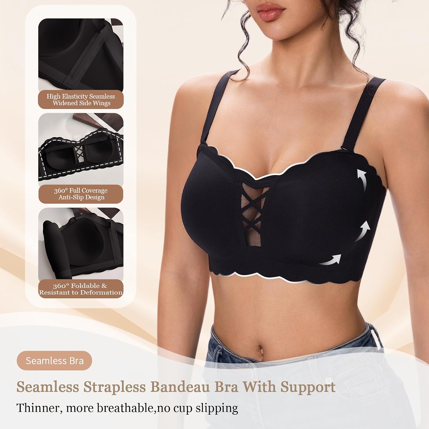 Women Strapless Push Up Bras Non Slip Support Corset Seamless Wireless Padded Invisible Bandeau Tube Top with Straps