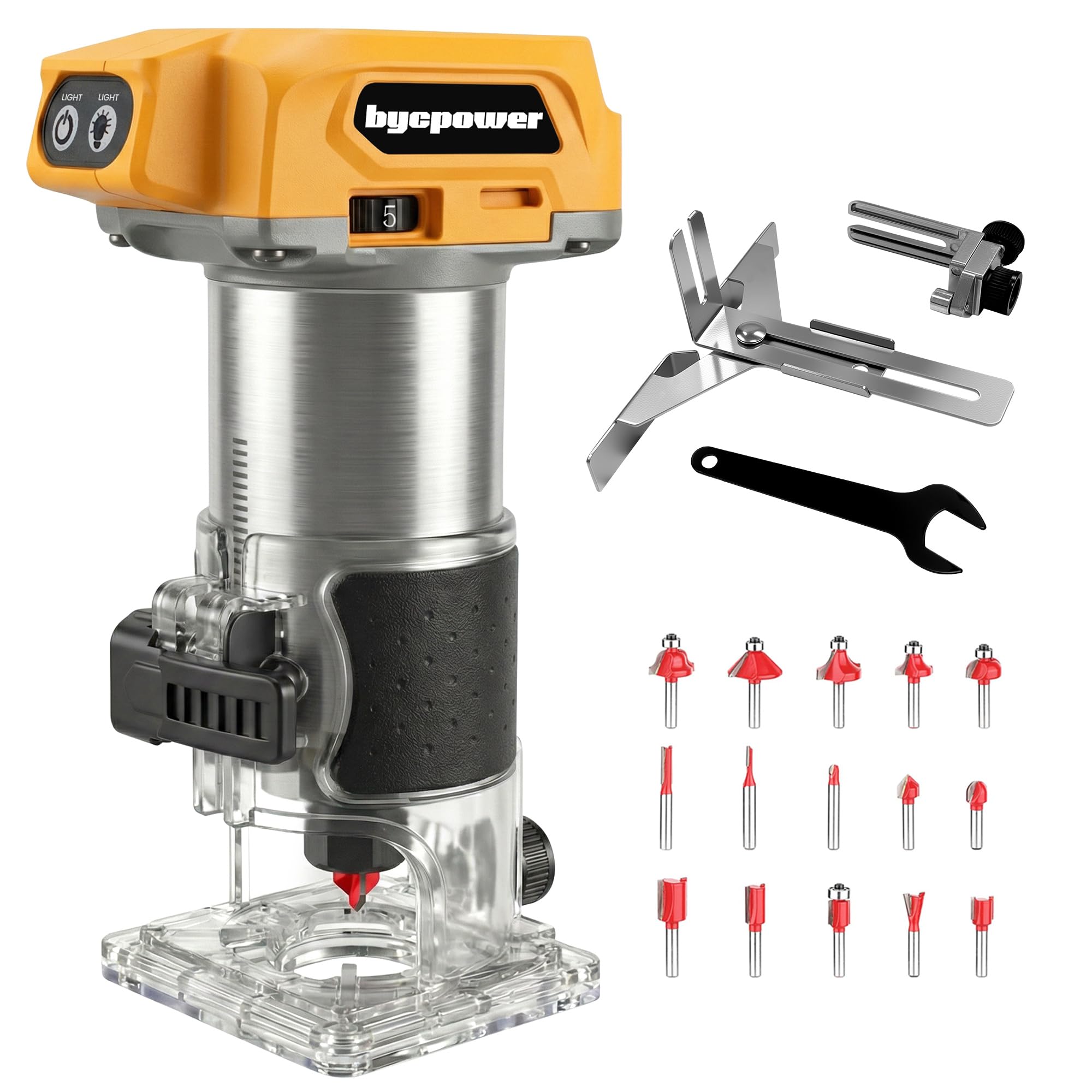 Akku Oberfräse für DE Walt 18V/20V MAX Akku, 30000 RPM Bürstenloser Motor, 6-Stufen Kantenfräse, Kabellose Holzfräse mit 6,35mm Durchmesser, mit 15pcs 1/4" Fräser für Holz & Kunststoff
