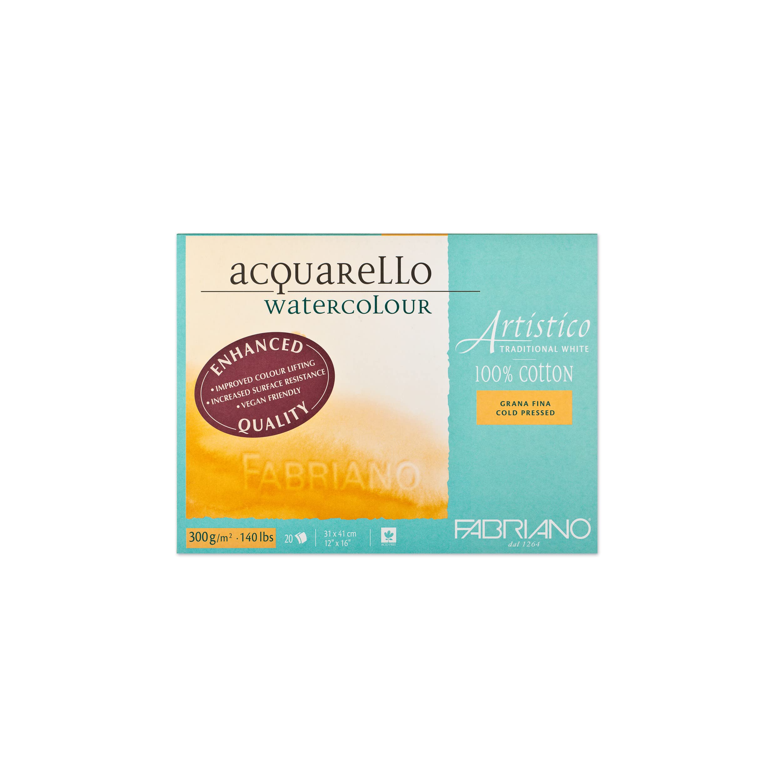 Fabriano Artistico Acquarello Watercolour, bianco naturale, grana fine pressata, 31 x 41 cm, 20 fogli da 300 g/m², cartone per acquerello di alta qualità, blocco incollato su 4 lati, vegano