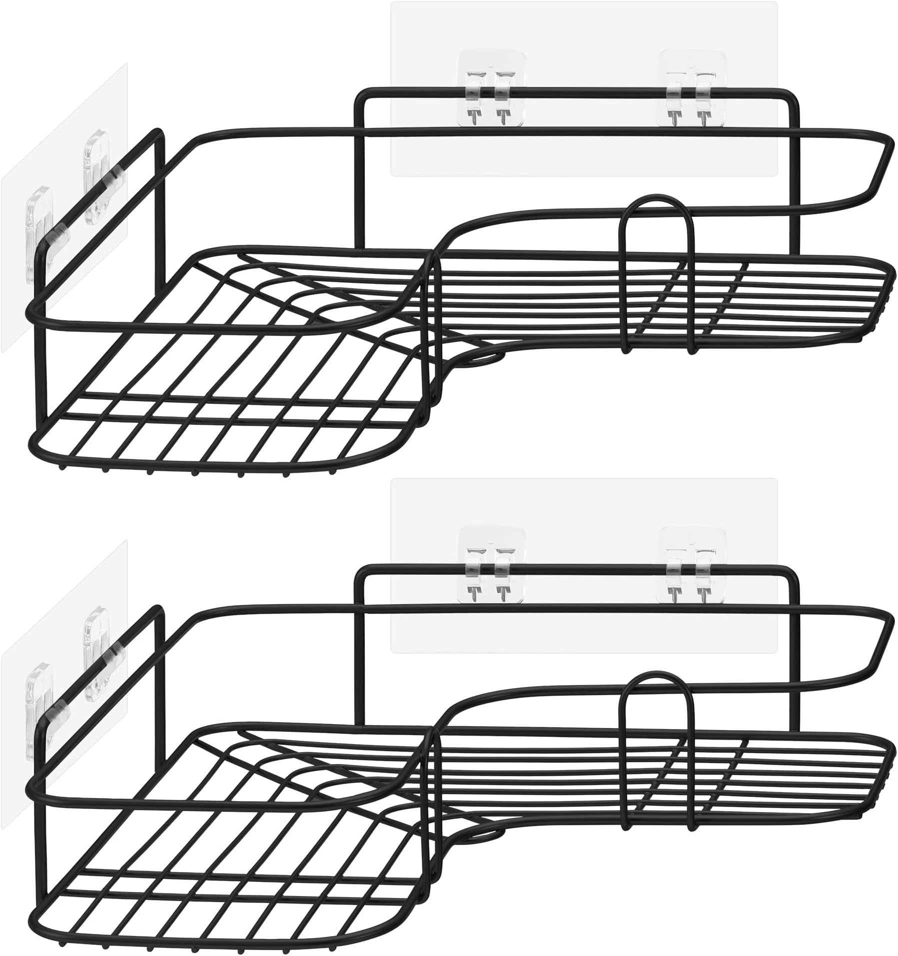 NavarisSelf Adhesive Shower Caddy - Set of 2 Bathroom Organizer Shelves for Corner Wall of Bath - Toiletry Shampoo Storage Rack Holder - Black